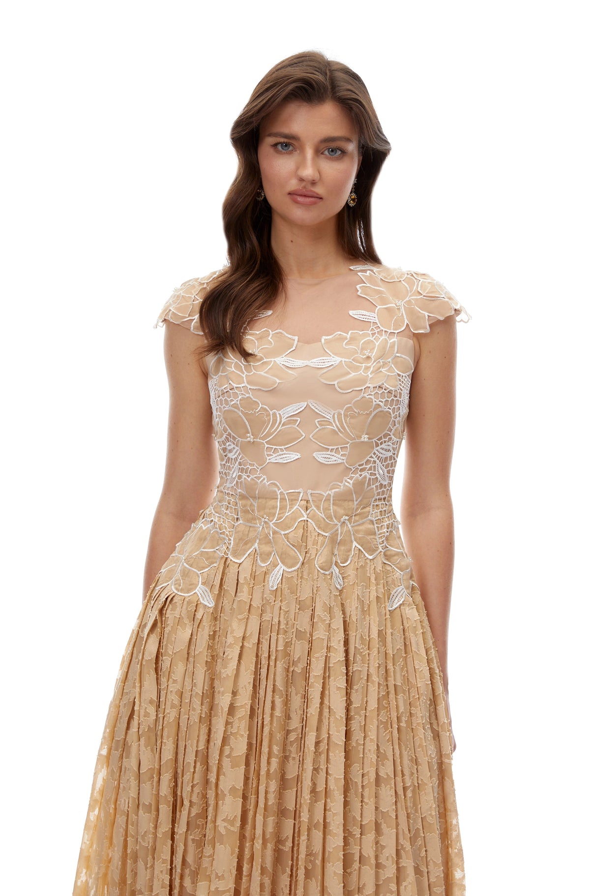 Vonda Neutral Floral Lace Pleated Midi Dress