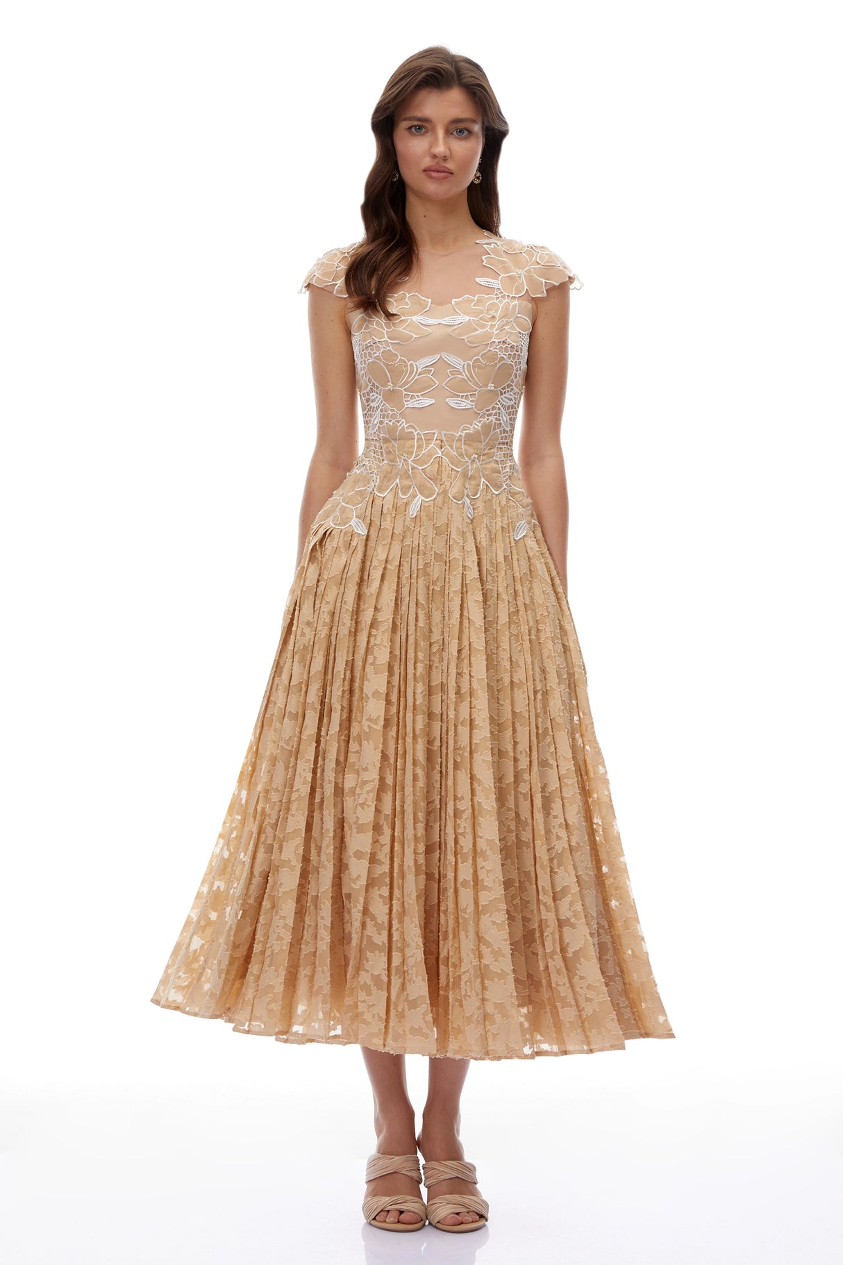 Vonda Neutral Floral Lace Pleated Midi Dress