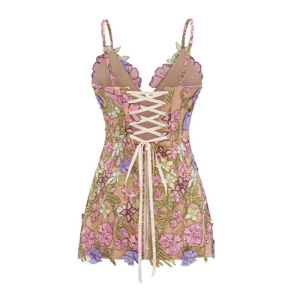 Wakatipu Green VNeck Mini Dress with 3D Florals