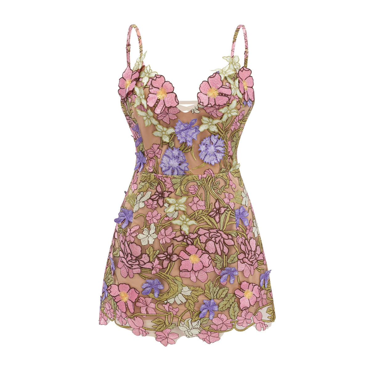Wakatipu Green VNeck Mini Dress with 3D Florals