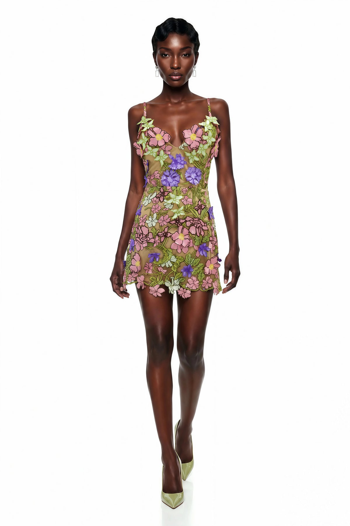 Wakatipu Green VNeck Mini Dress with 3D Florals