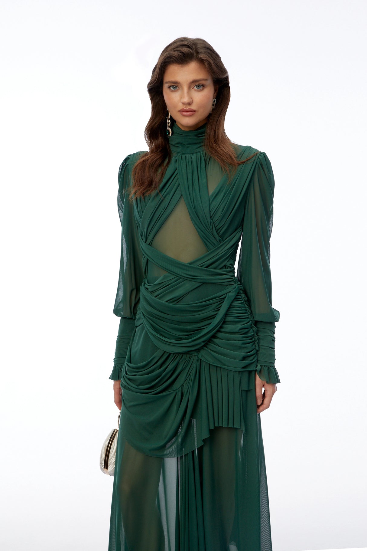 Wania Dark Green Cross Front Ruched Maxi Dress