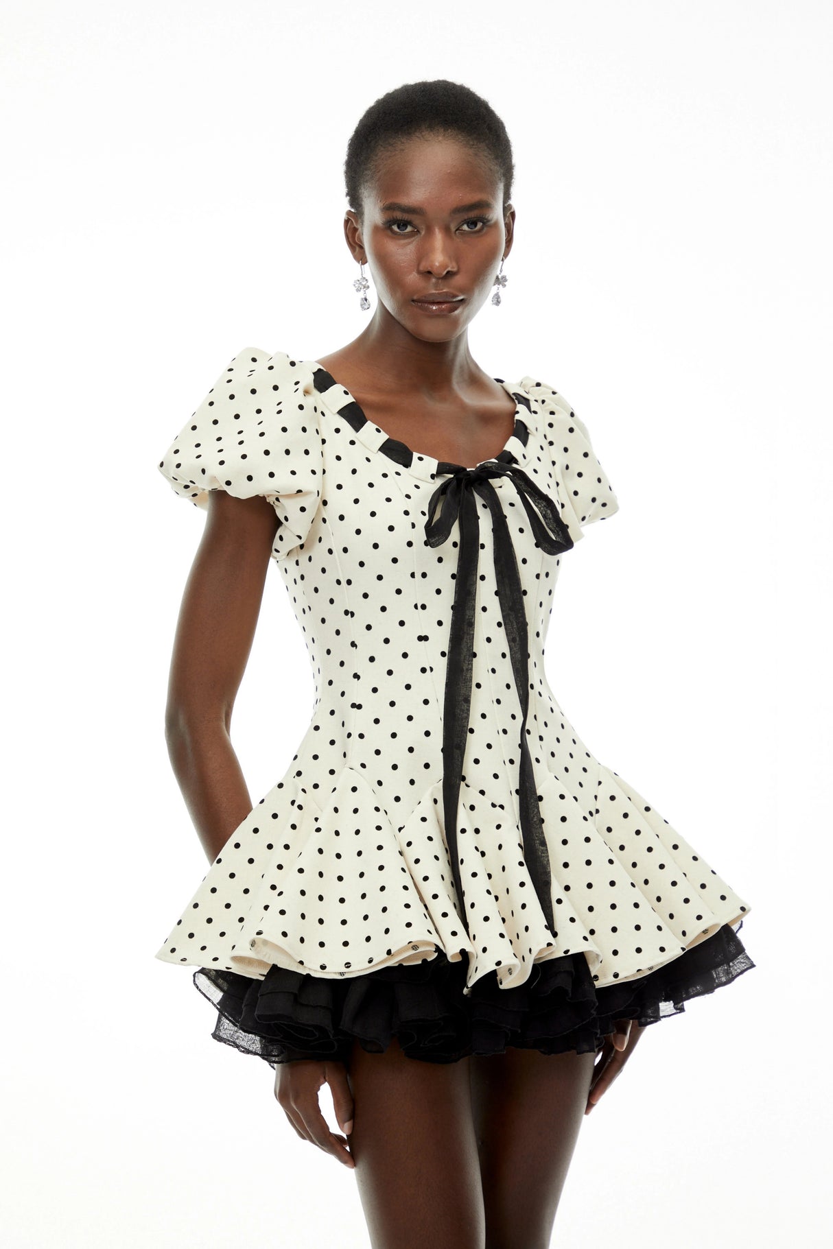 Wania White Polka Dot Mini Dress with TieFront