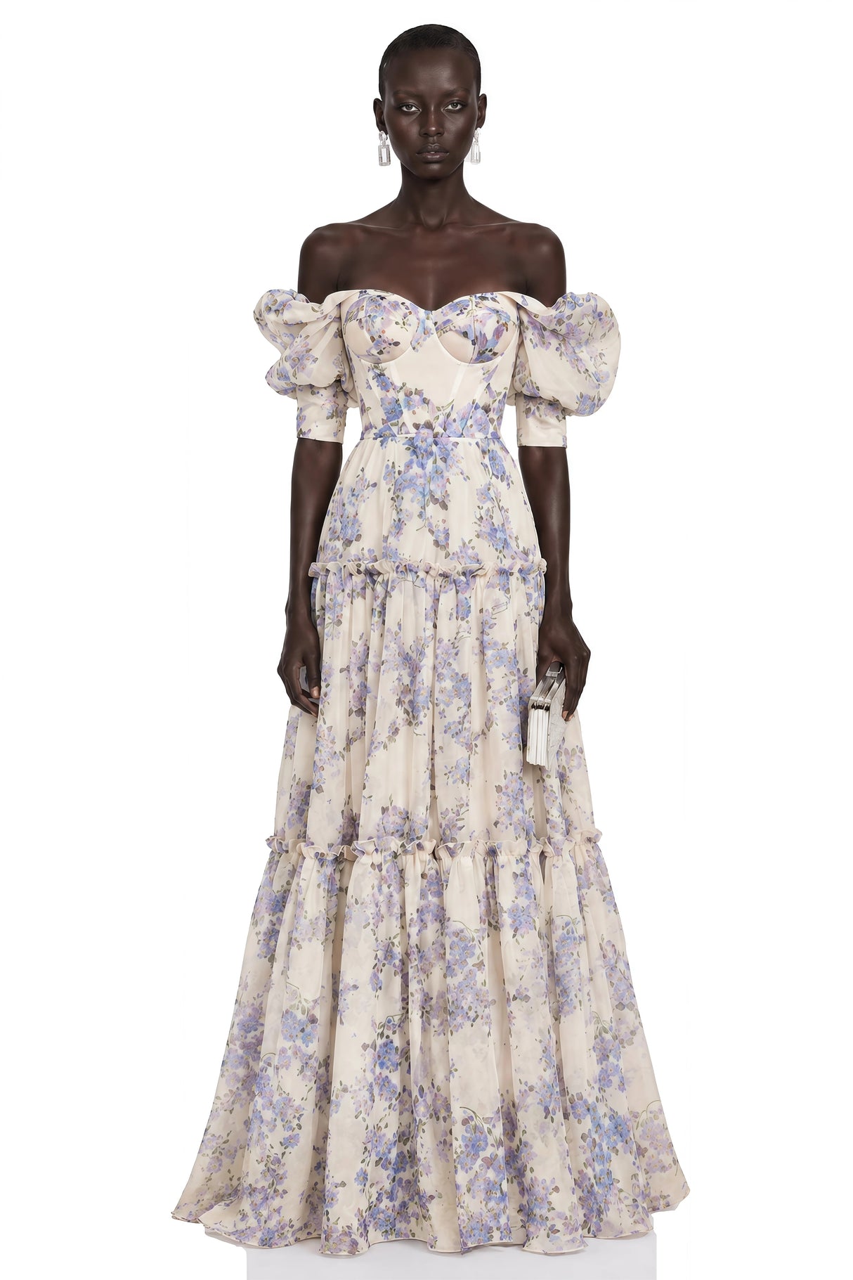 Wheat Purple Floral Print Ruffled Maxi Dress
