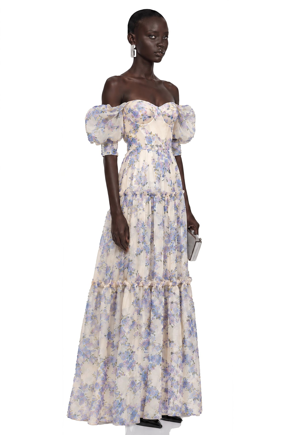 Wheat Purple Floral Print Ruffled Maxi Dress