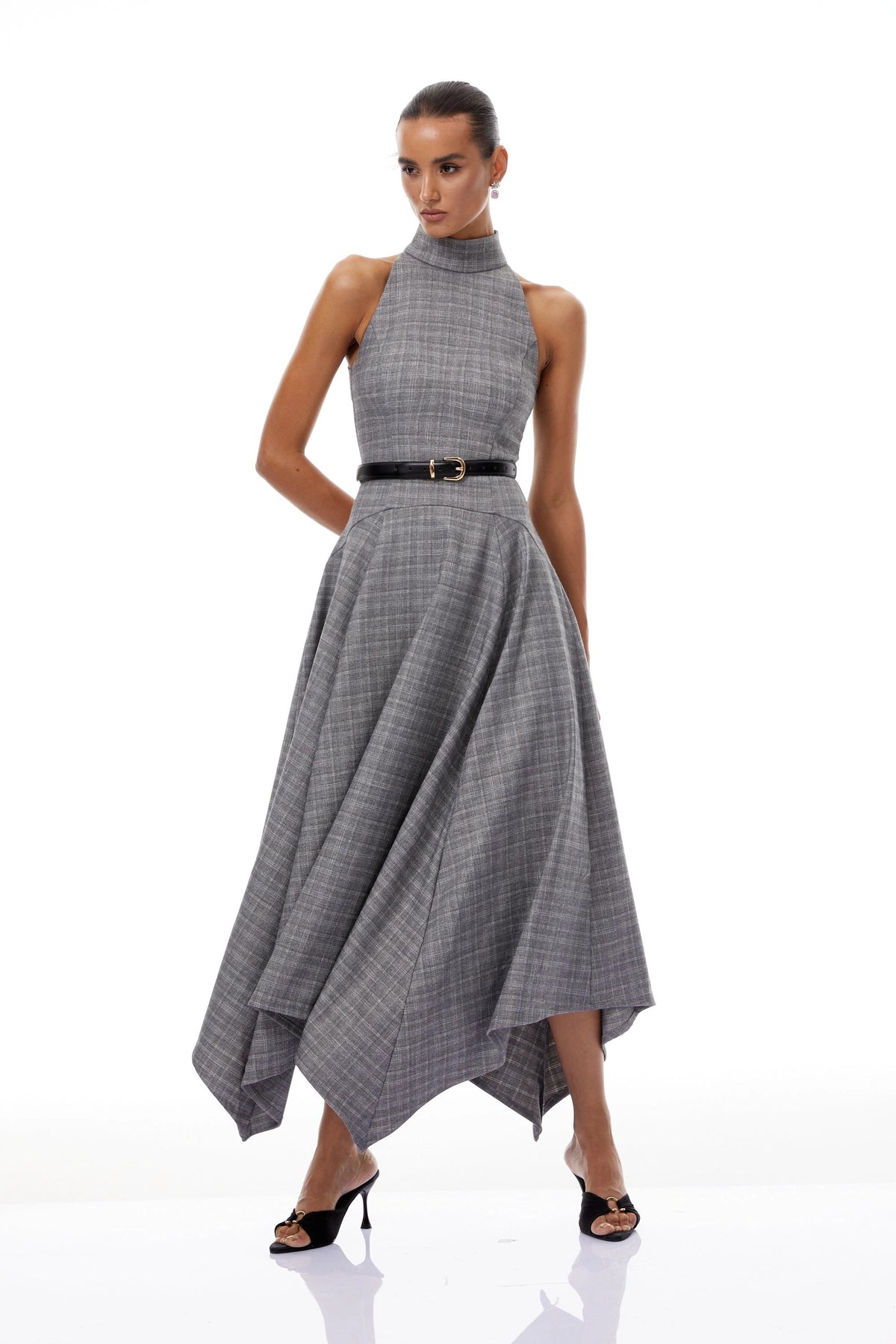 Wilhemine Grey Checked Tweed Maxi Dress Without Belt