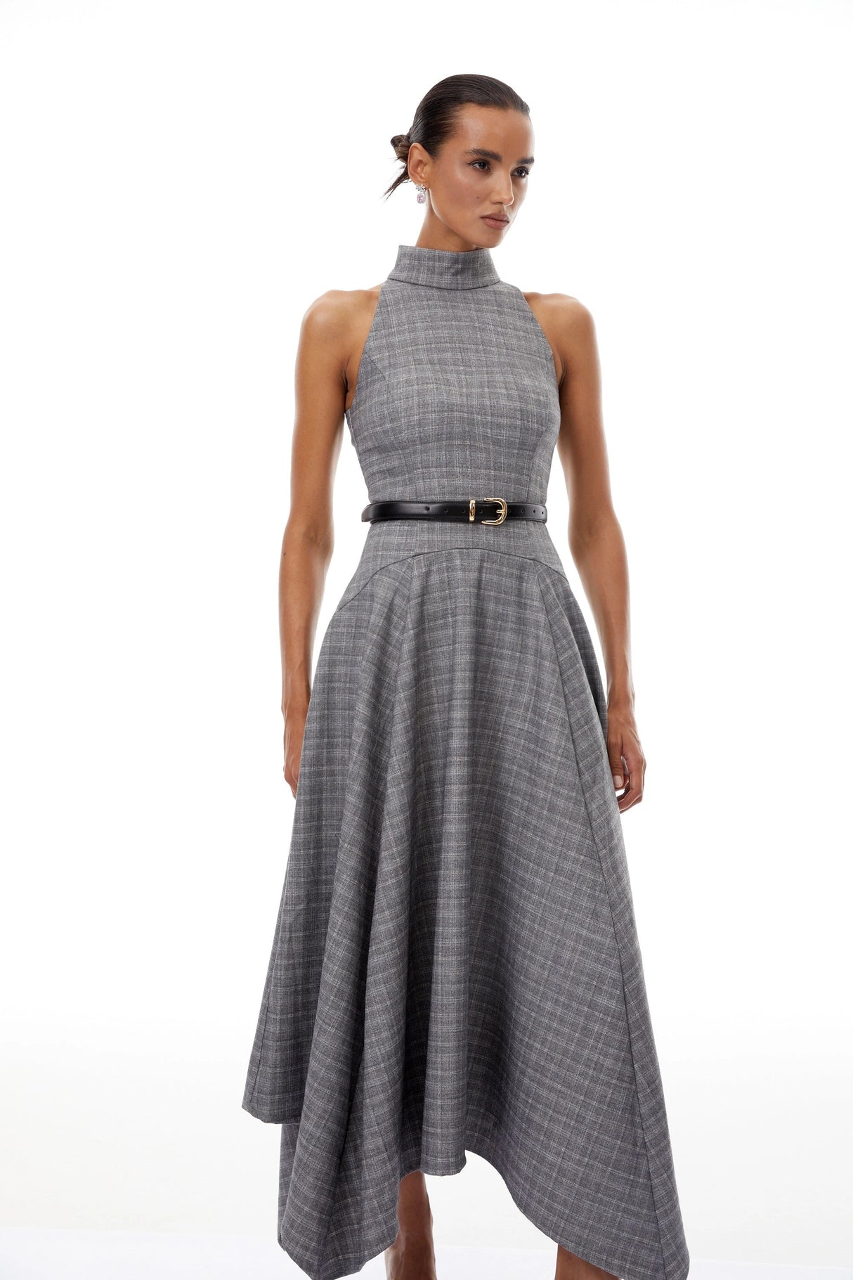 Wilhemine Grey Checked Tweed Midi Dress Without Belt