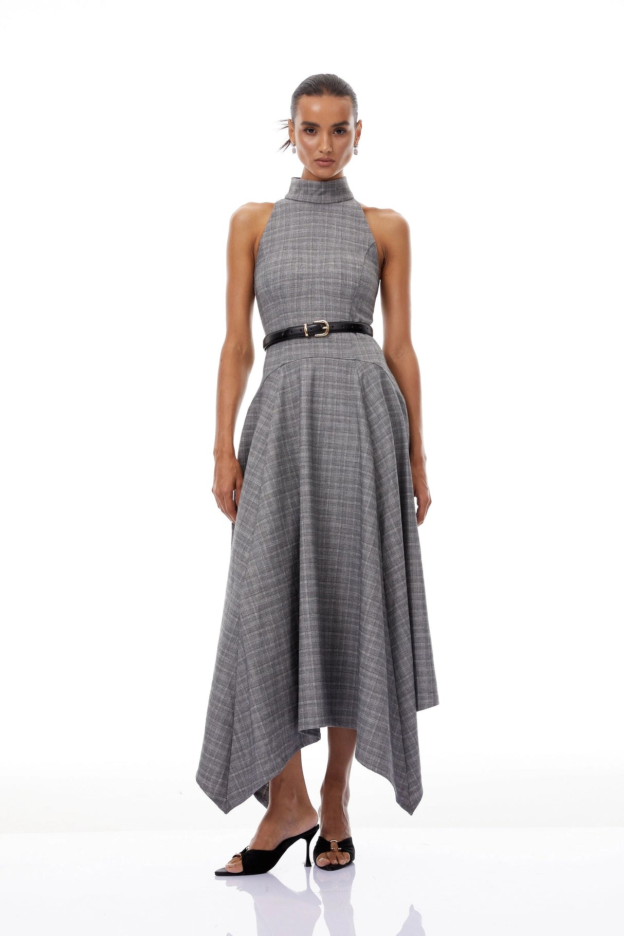 Wilhemine Grey Checked Tweed Midi Dress Without Belt