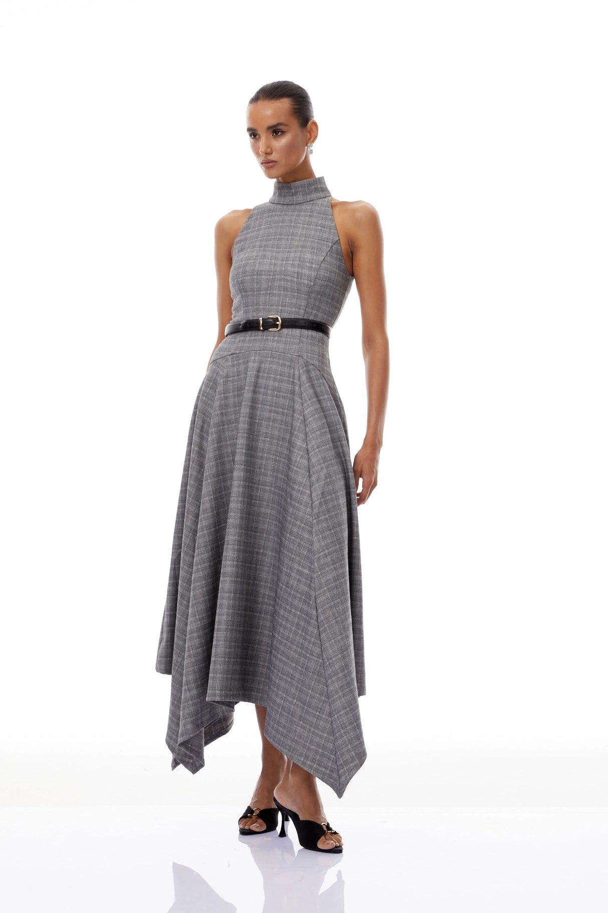 Wilhemine Grey Checked Tweed Midi Dress Without Belt