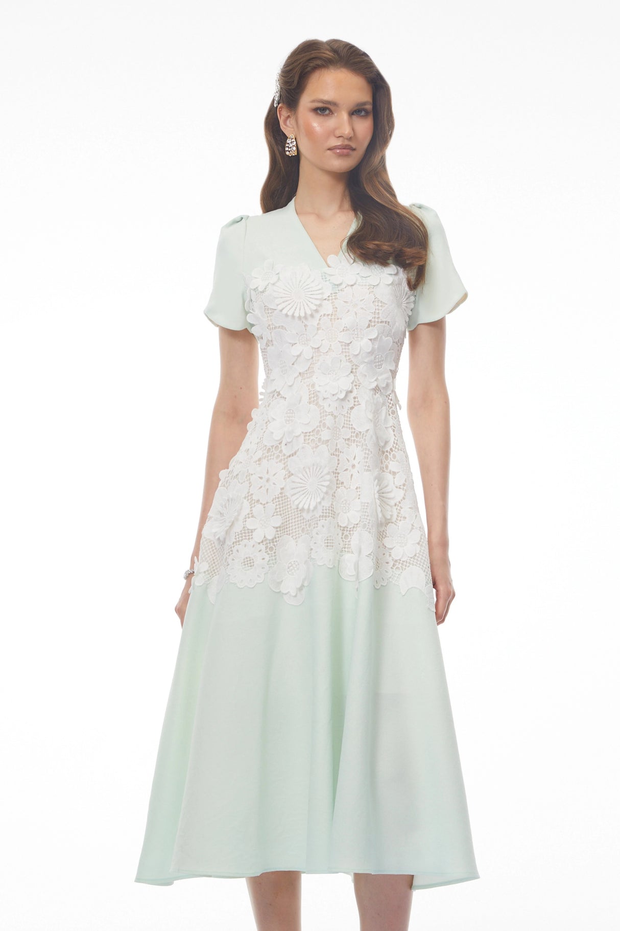 Winifred Mint Green VNeck Midi Dress with Puff Sleeves