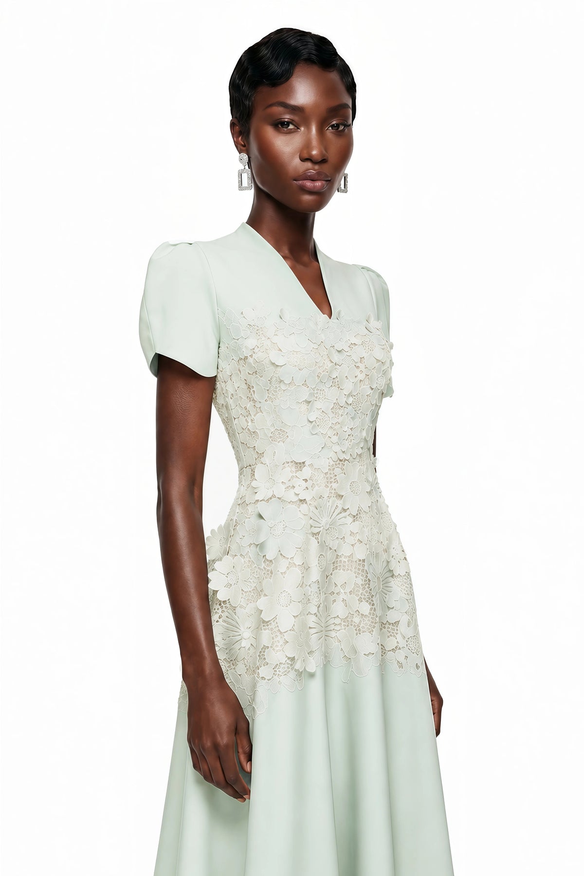 Winifred Mint Green VNeck Midi Dress with Puff Sleeves