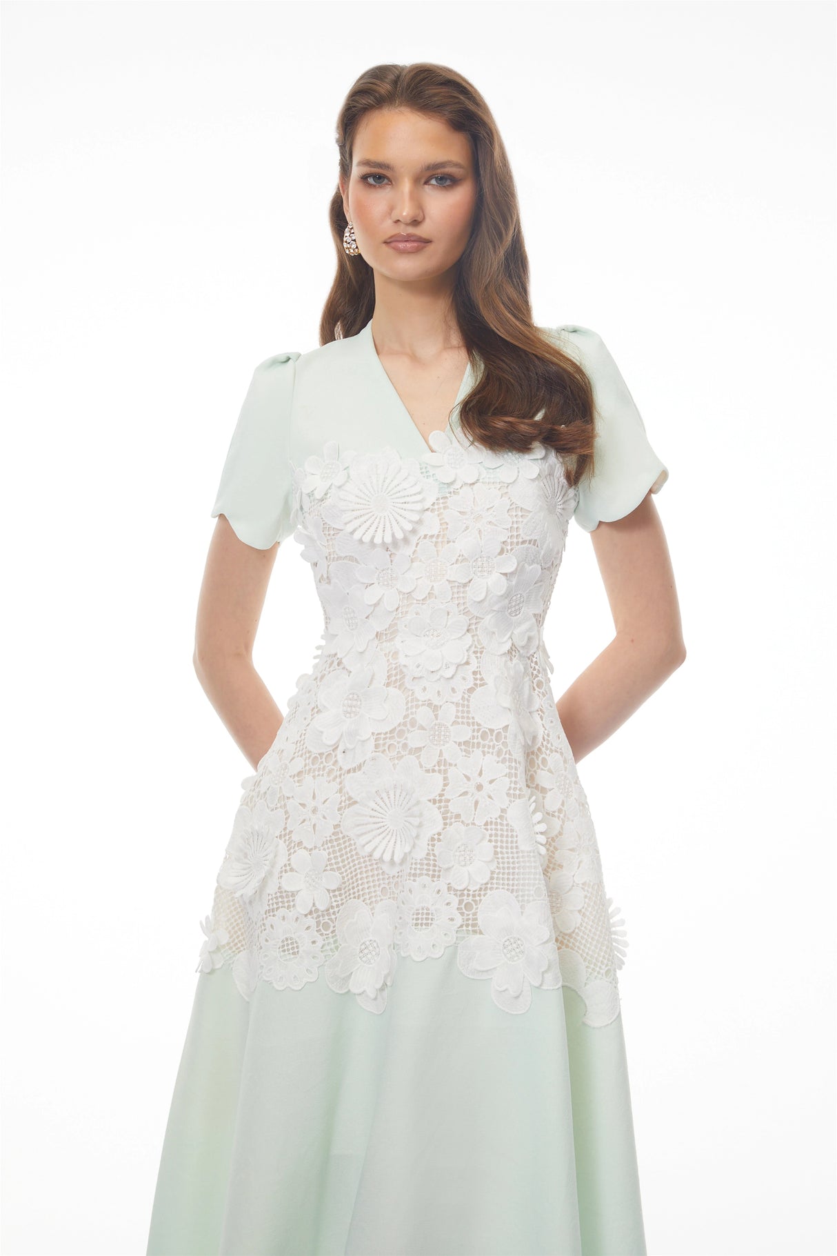 Winifred Mint Green VNeck Midi Dress with Puff Sleeves