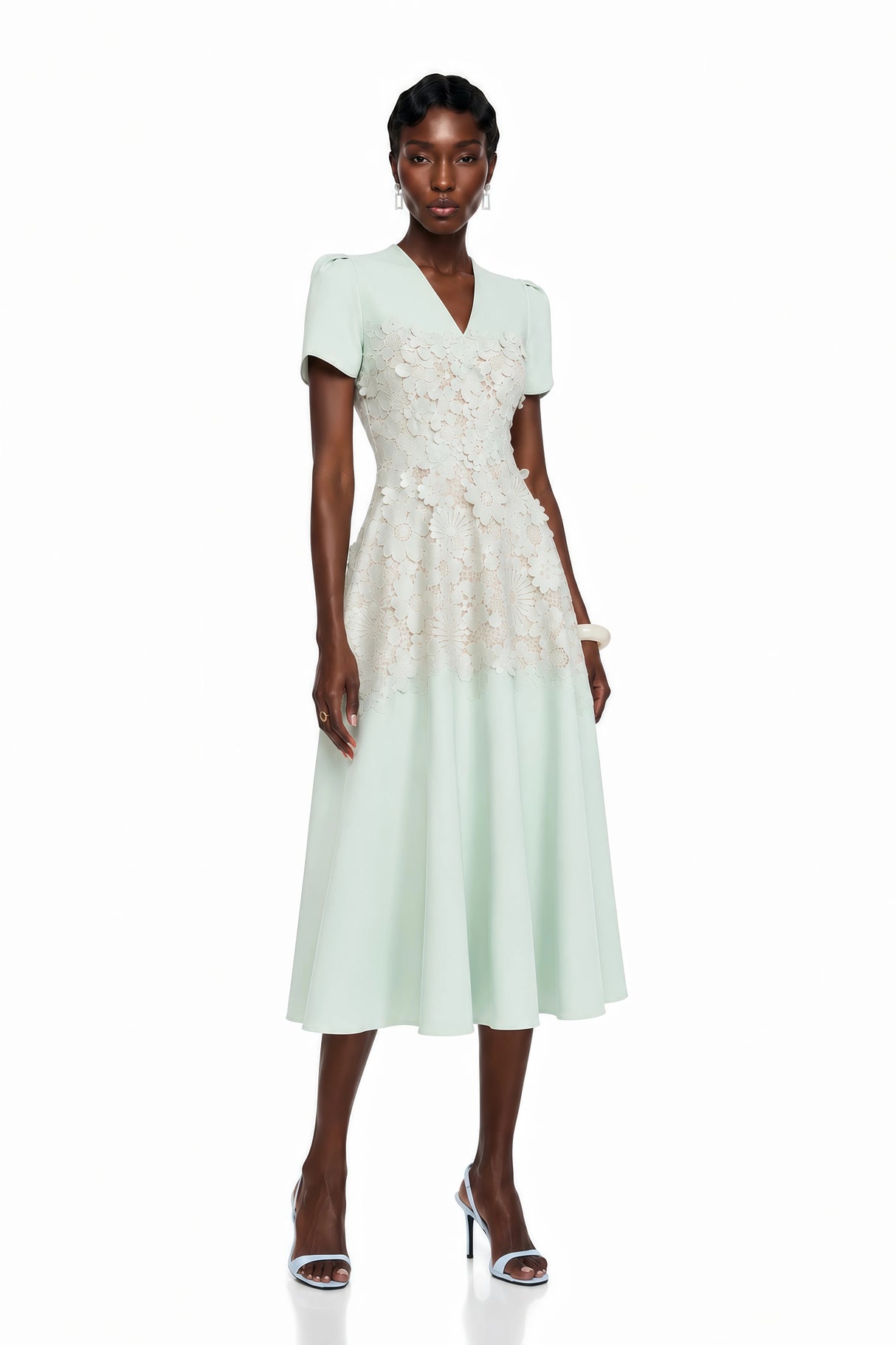 Winifred Mint Green VNeck Midi Dress with Puff Sleeves