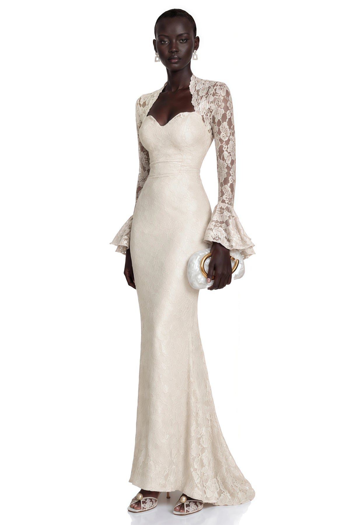 Winifred White Floral Lace Maxi Dress with Bell Sleeves