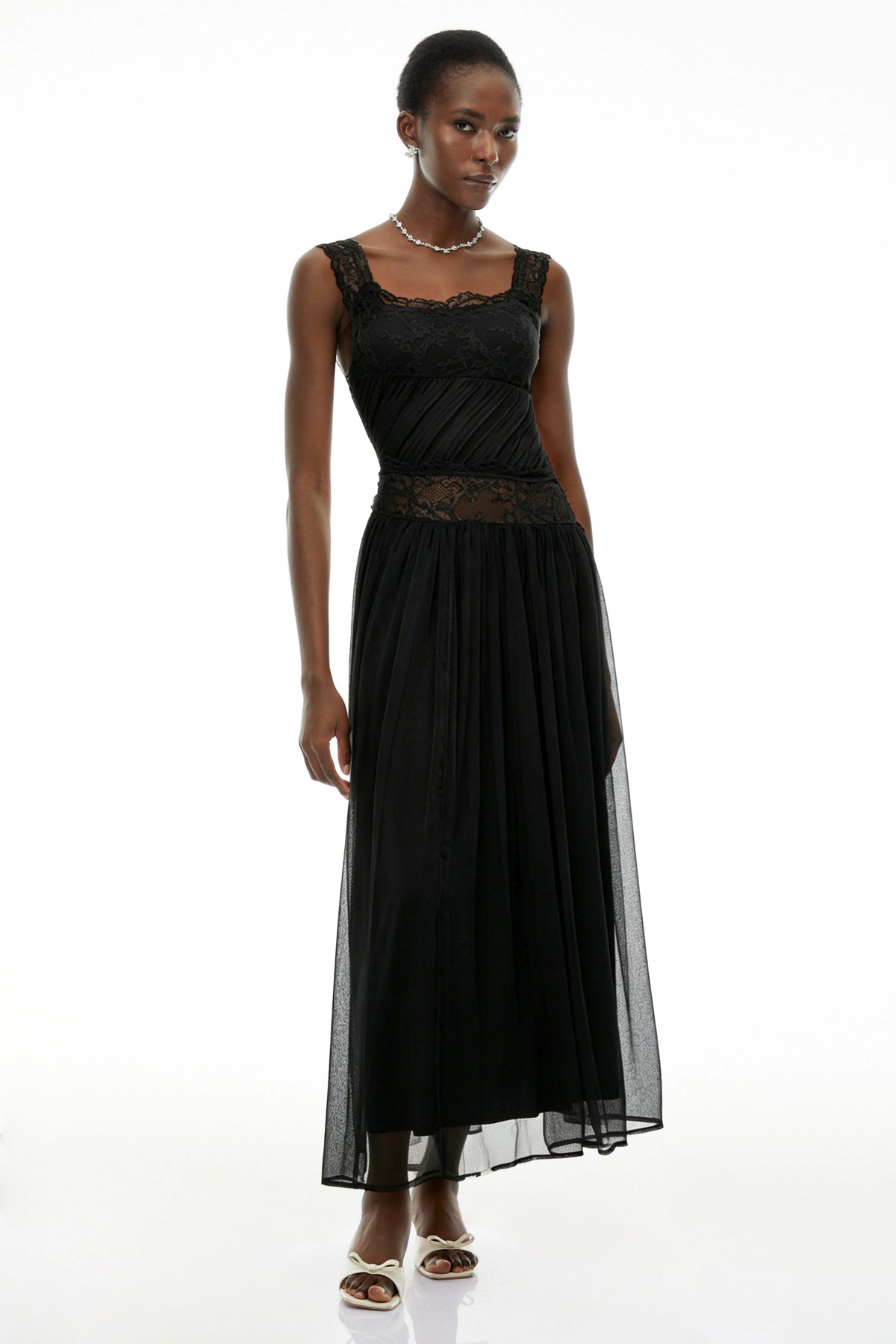 Wolfgang Black Pleated Maxi Dress with Lace Panels