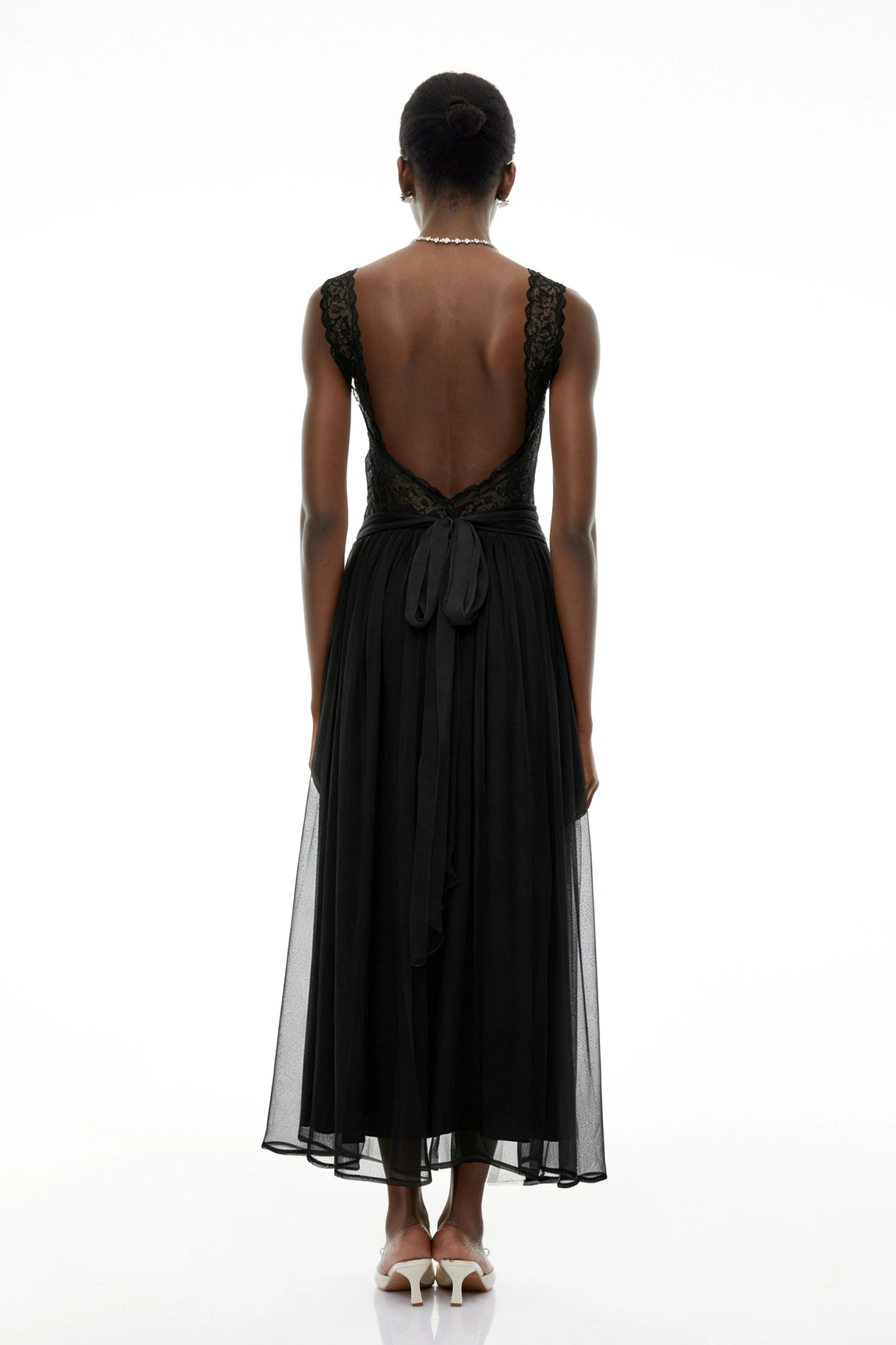Wolfgang Black Pleated Maxi Dress with Lace Panels