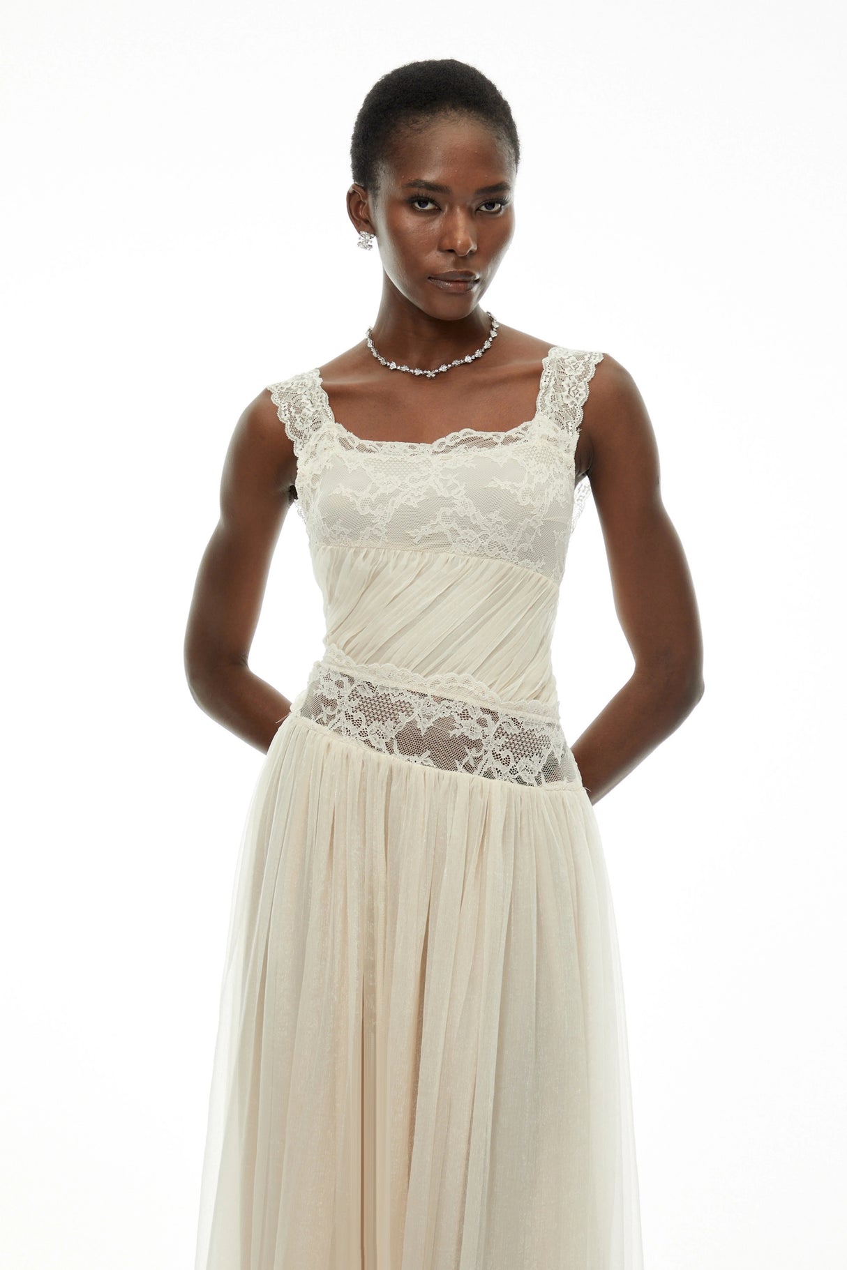 Wolfgang White Pleated Maxi Dress with Lace Panels