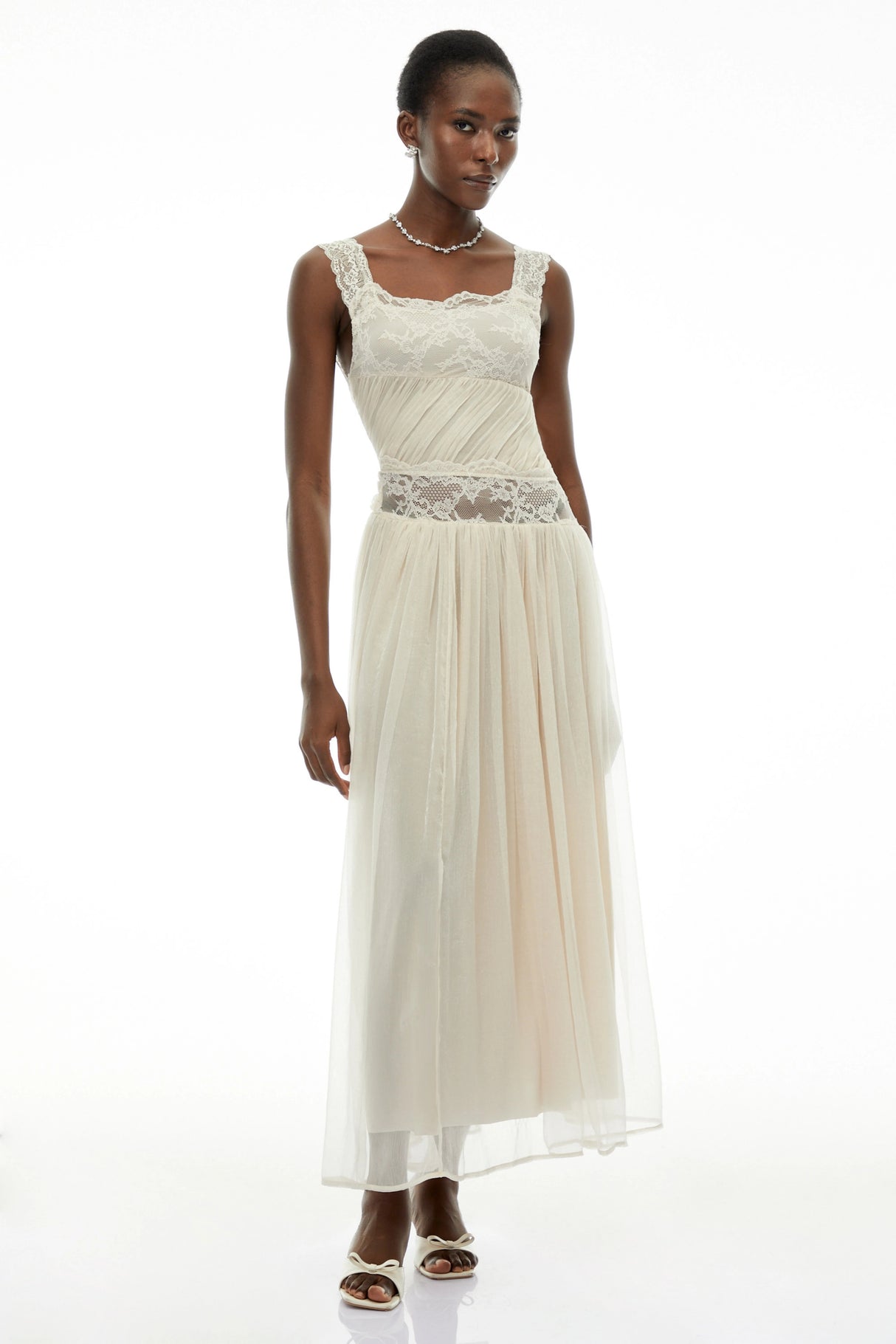 Wolfgang White Pleated Maxi Dress with Lace Panels