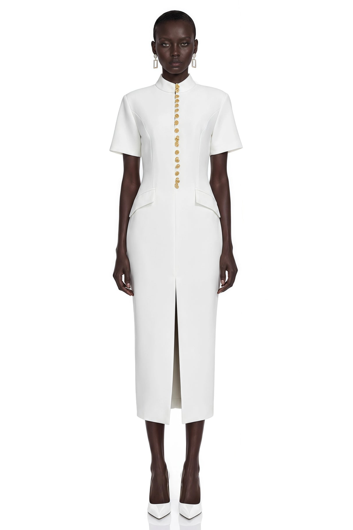 Xanthe White Stand Collar Gold Button Slit Midi Dress