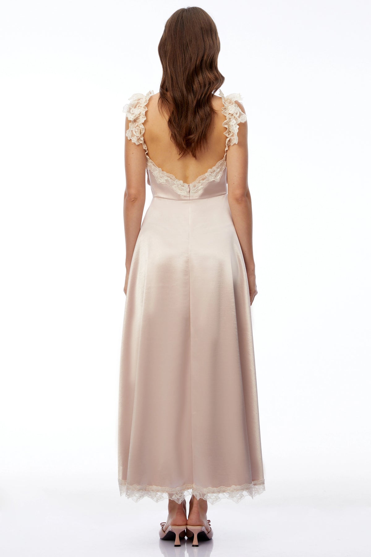 Xenia Champagne Pink VNeck Maxi Dress with Lace Trim