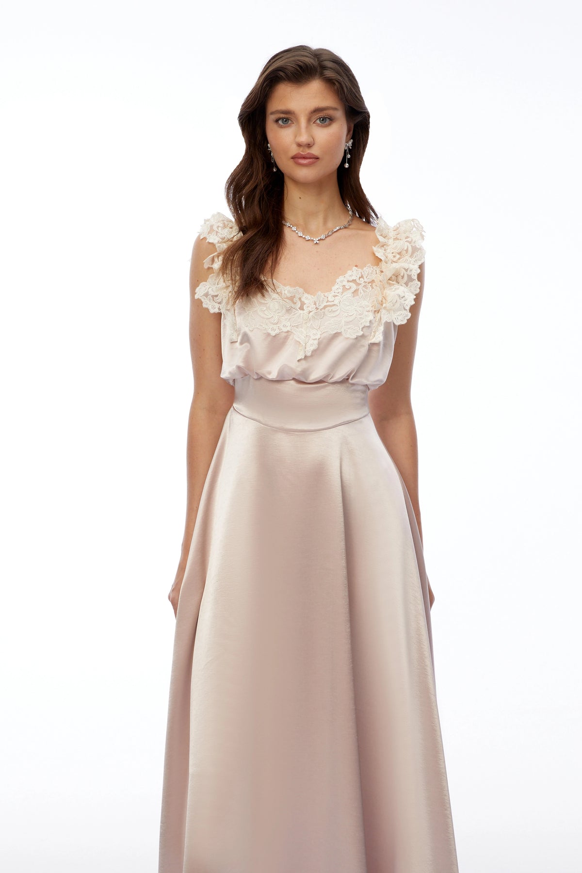 Xenia Champagne Pink VNeck Maxi Dress with Lace Trim