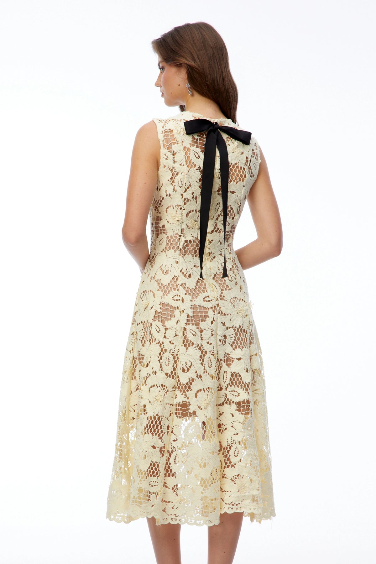 Xenia Pale Yellow Round Neck Floral Lace Midi Dress