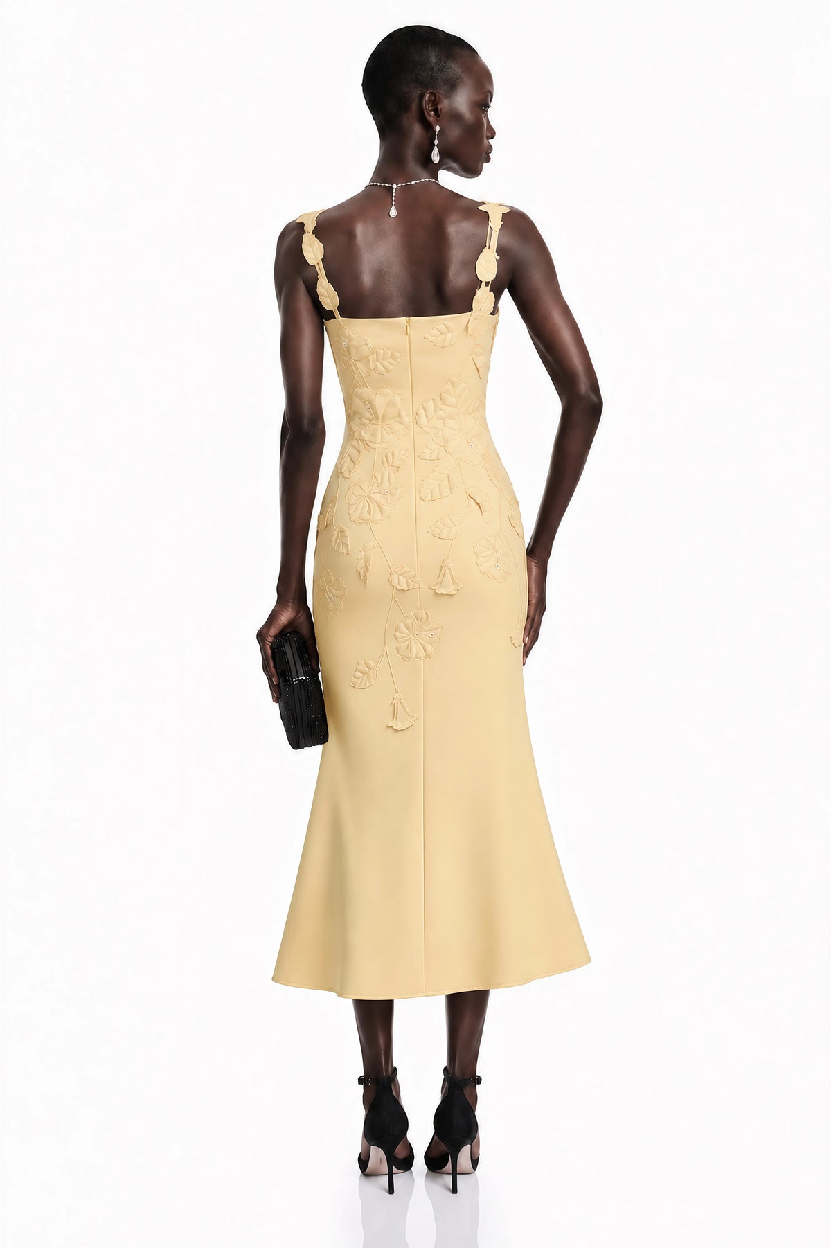 Ximena Yellow Floral Applique Fishtail Midi Dress