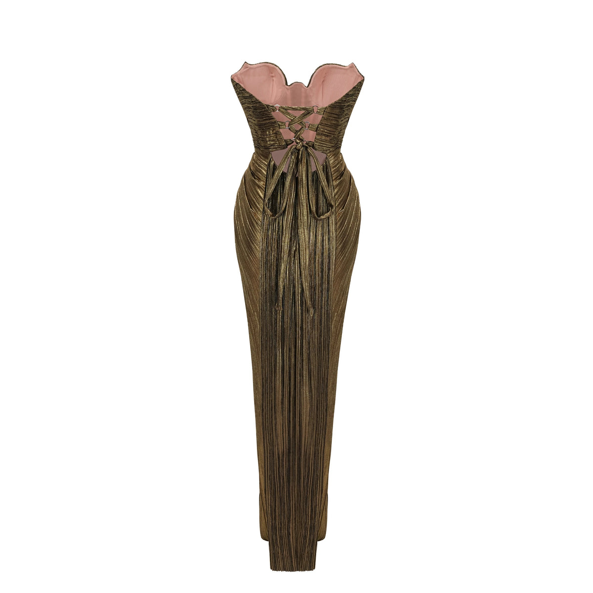 Xrystyna Gold Metallic Ruched Maxi Dress