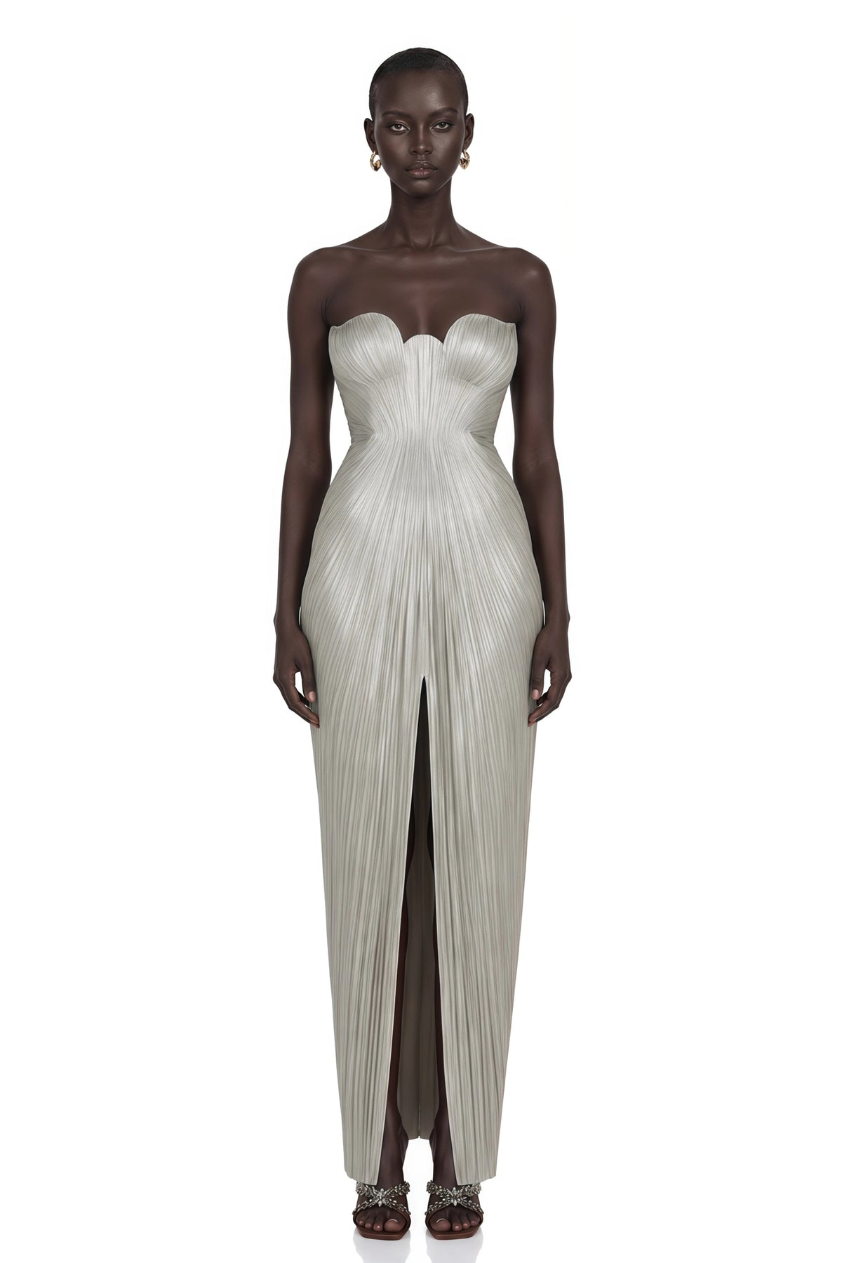 Xrystyna Silver Metallic Ruched Maxi Dress