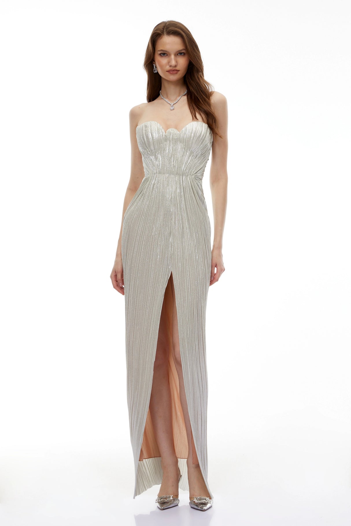 Xrystyna Silver Metallic Ruched Maxi Dress