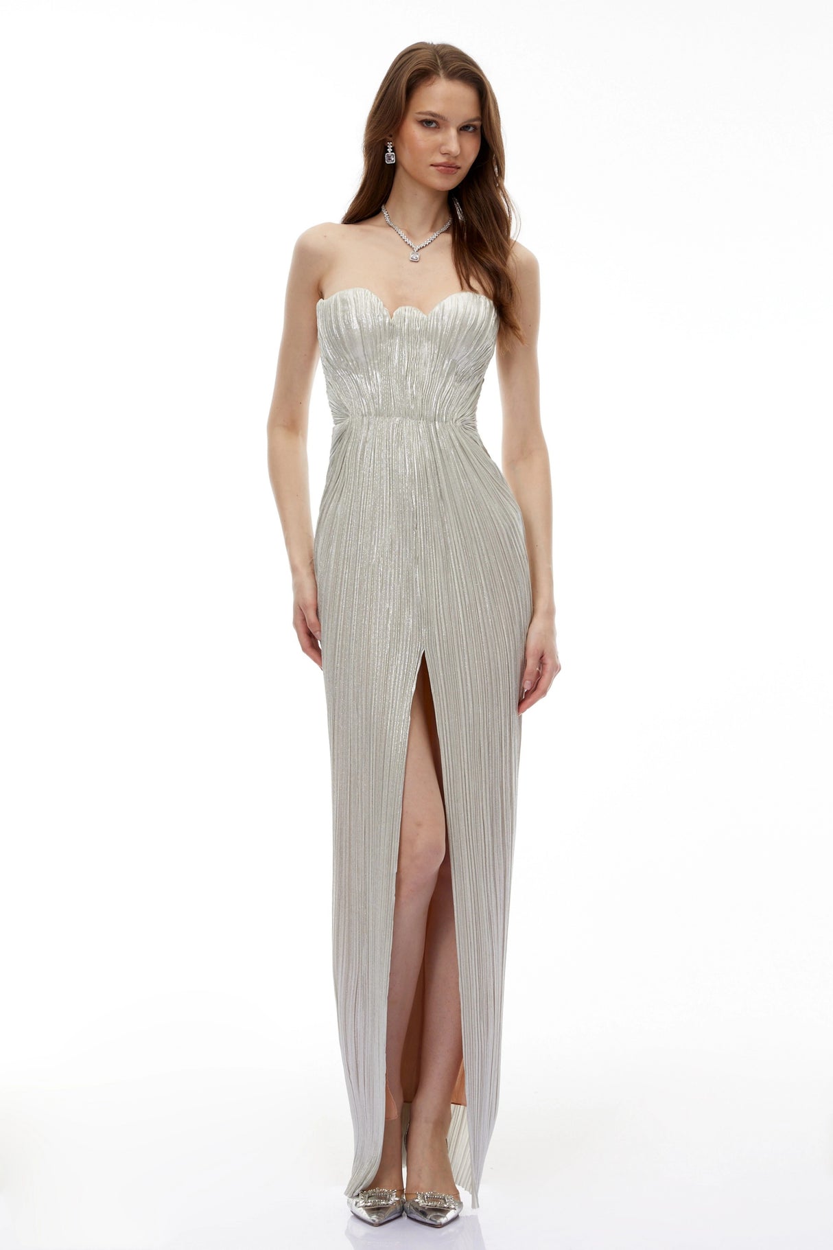 Xrystyna Silver Metallic Ruched Maxi Dress