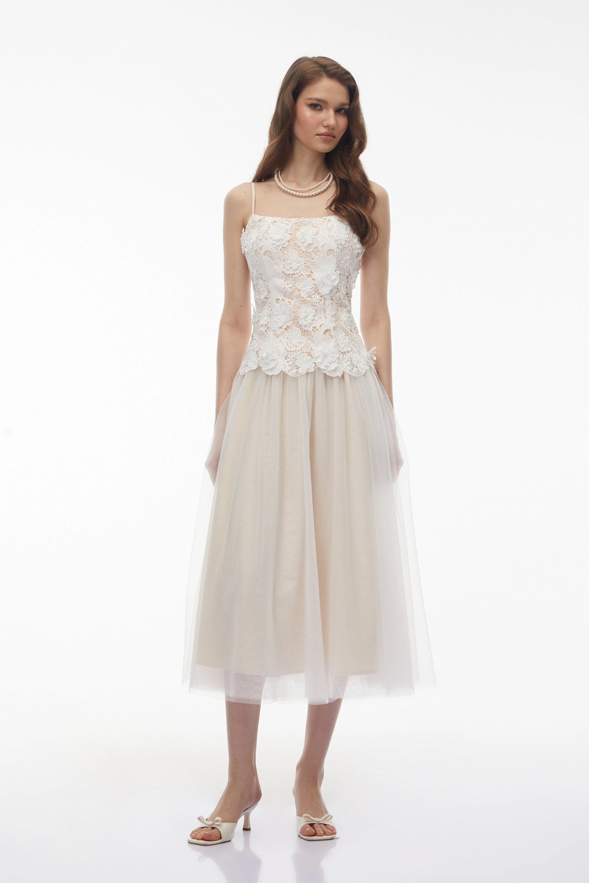 Yael White Lace Panel Tulle Midi Dress