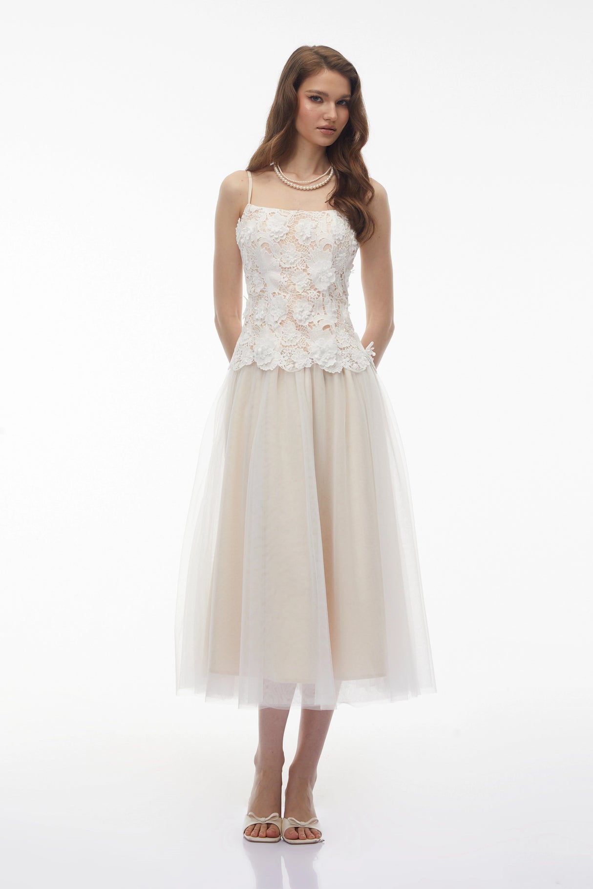Yael White Lace Panel Tulle Midi Dress