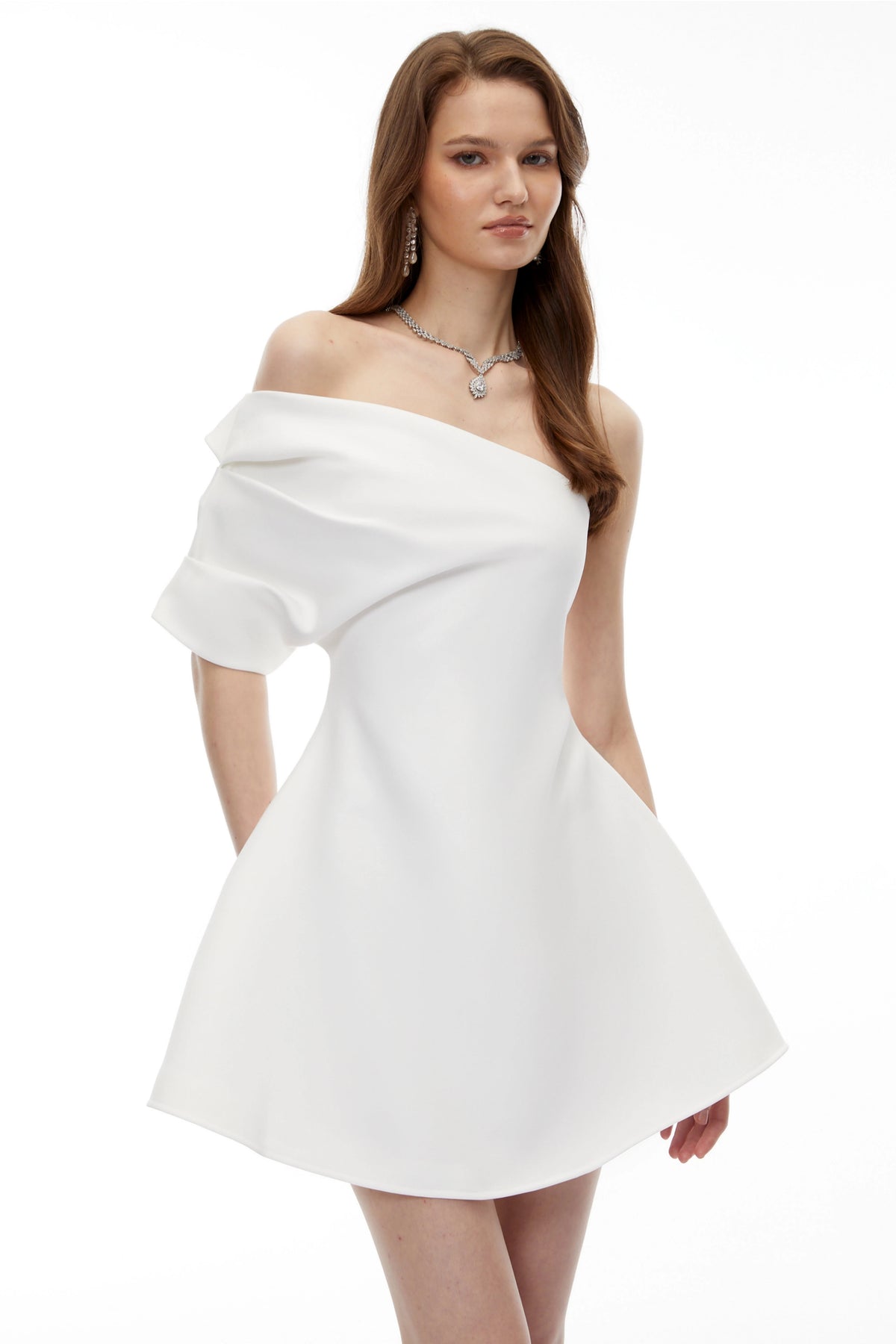Clara Mini Dress White One Sleeve Asymmetrical