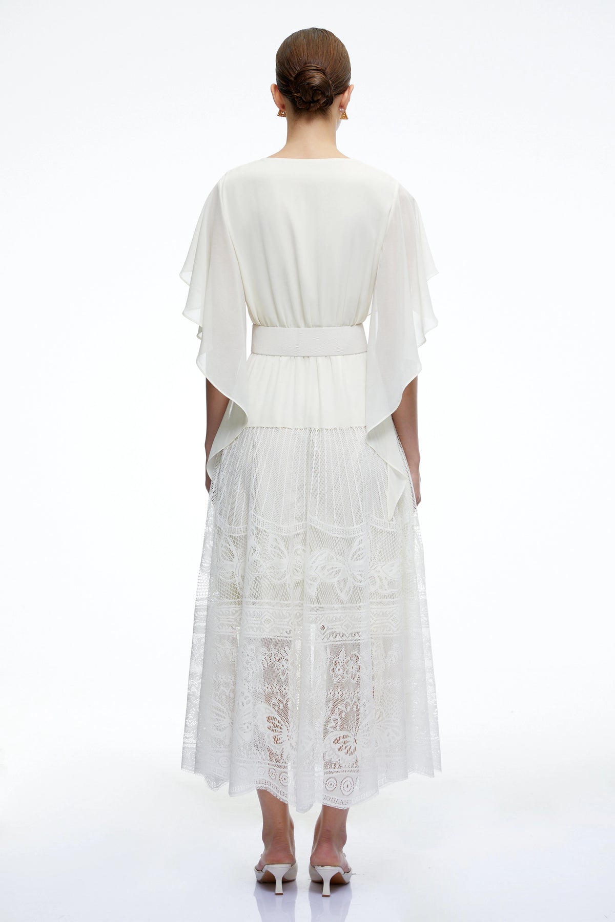 Brinley Midi Dress White Cowl Neck with Lace Panels