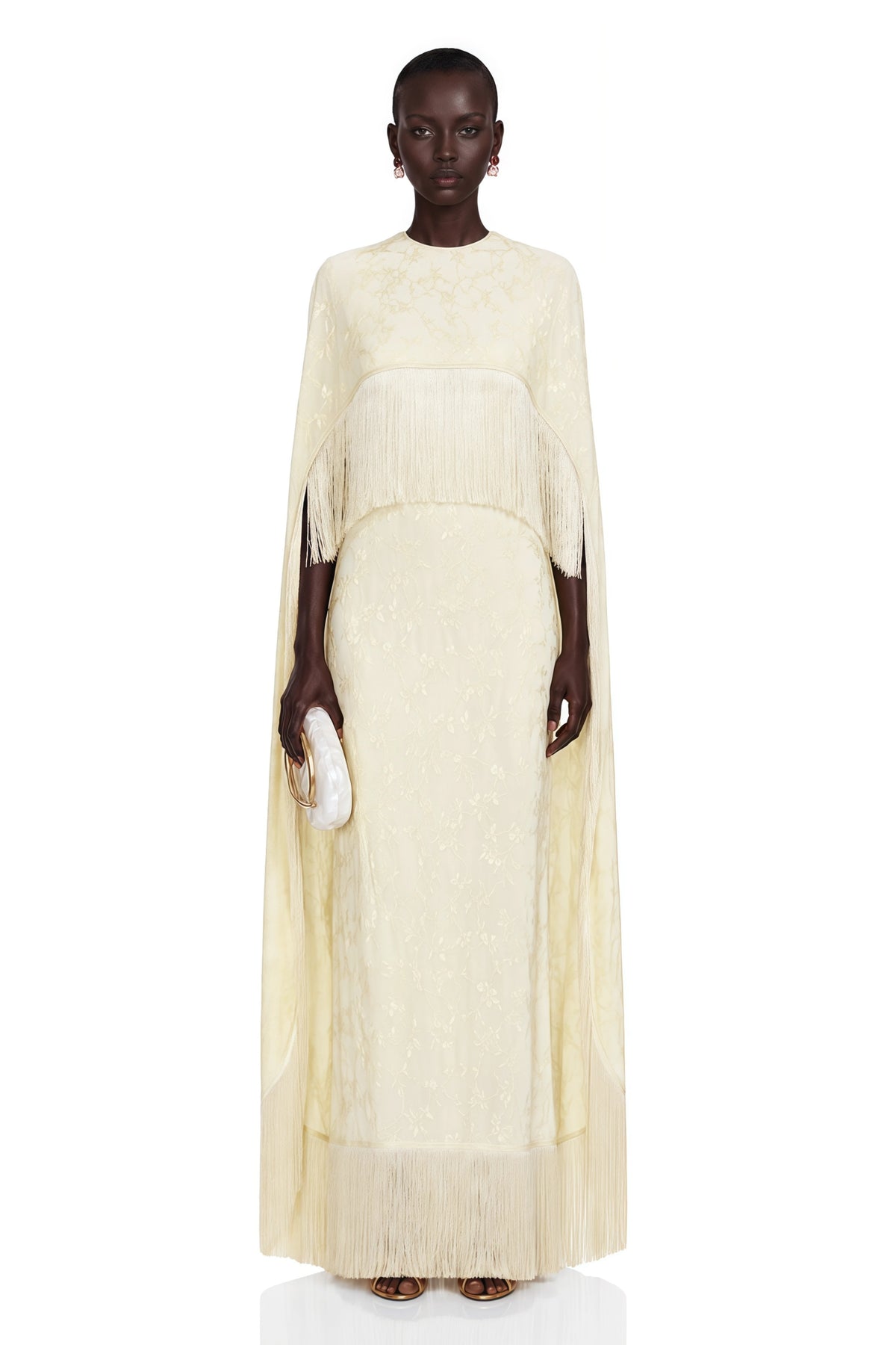 Maddalena Maxi Dress Pale Yellow with Cape Overlay and Fringe
