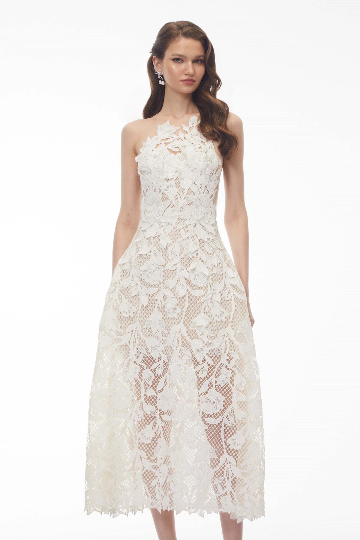 Martina Midi Dress White with Floral Applique