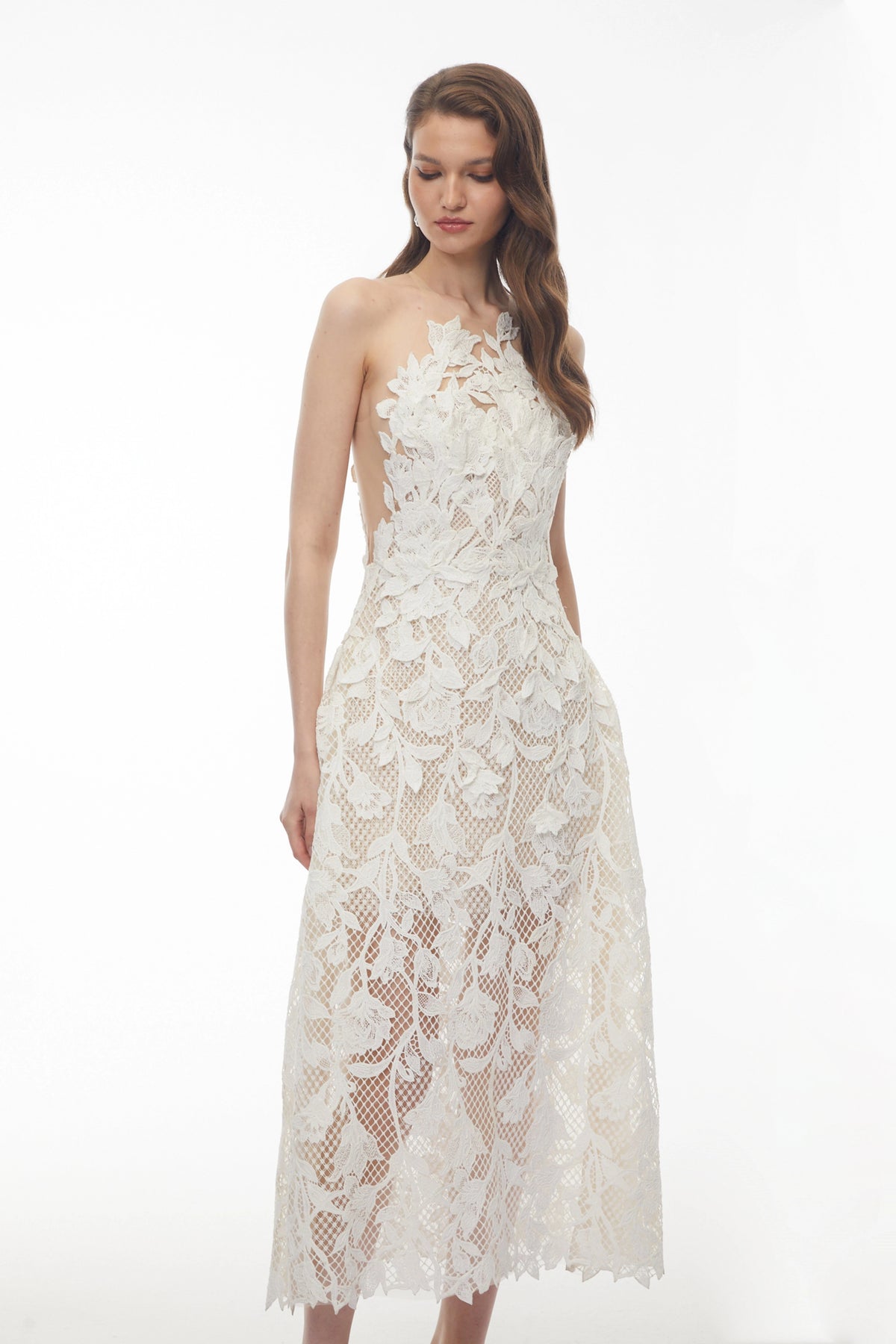 Martina Midi Dress White with Floral Applique