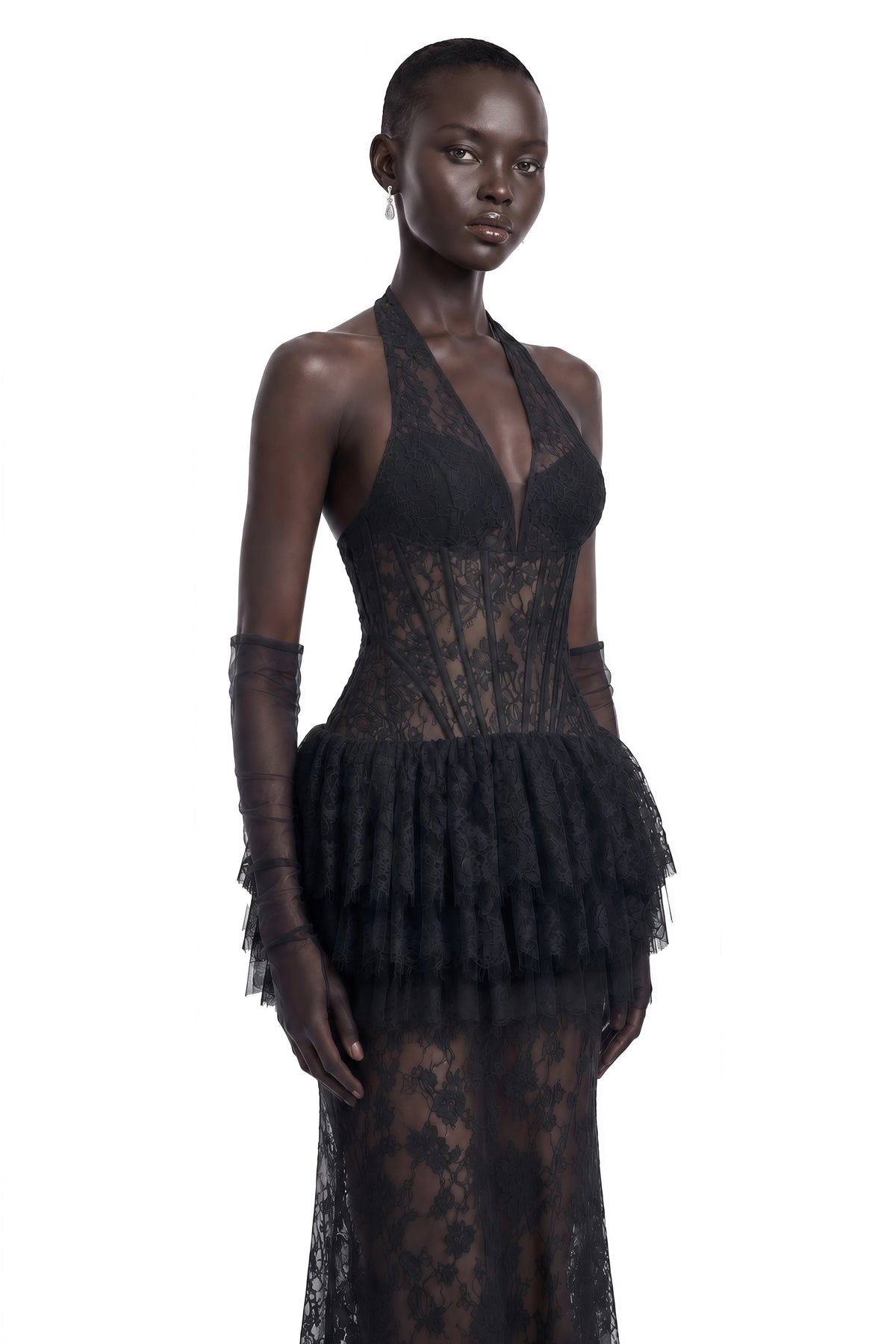 Holland Maxi Dress Black Floral Appliqué Tiered