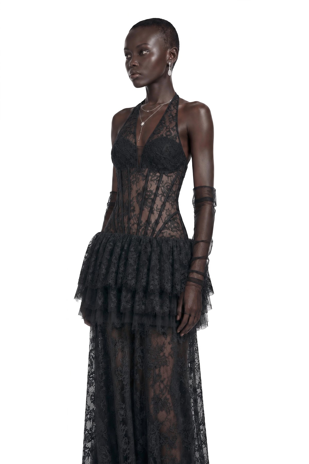 Holland Maxi Dress Black Floral Appliqué Tiered