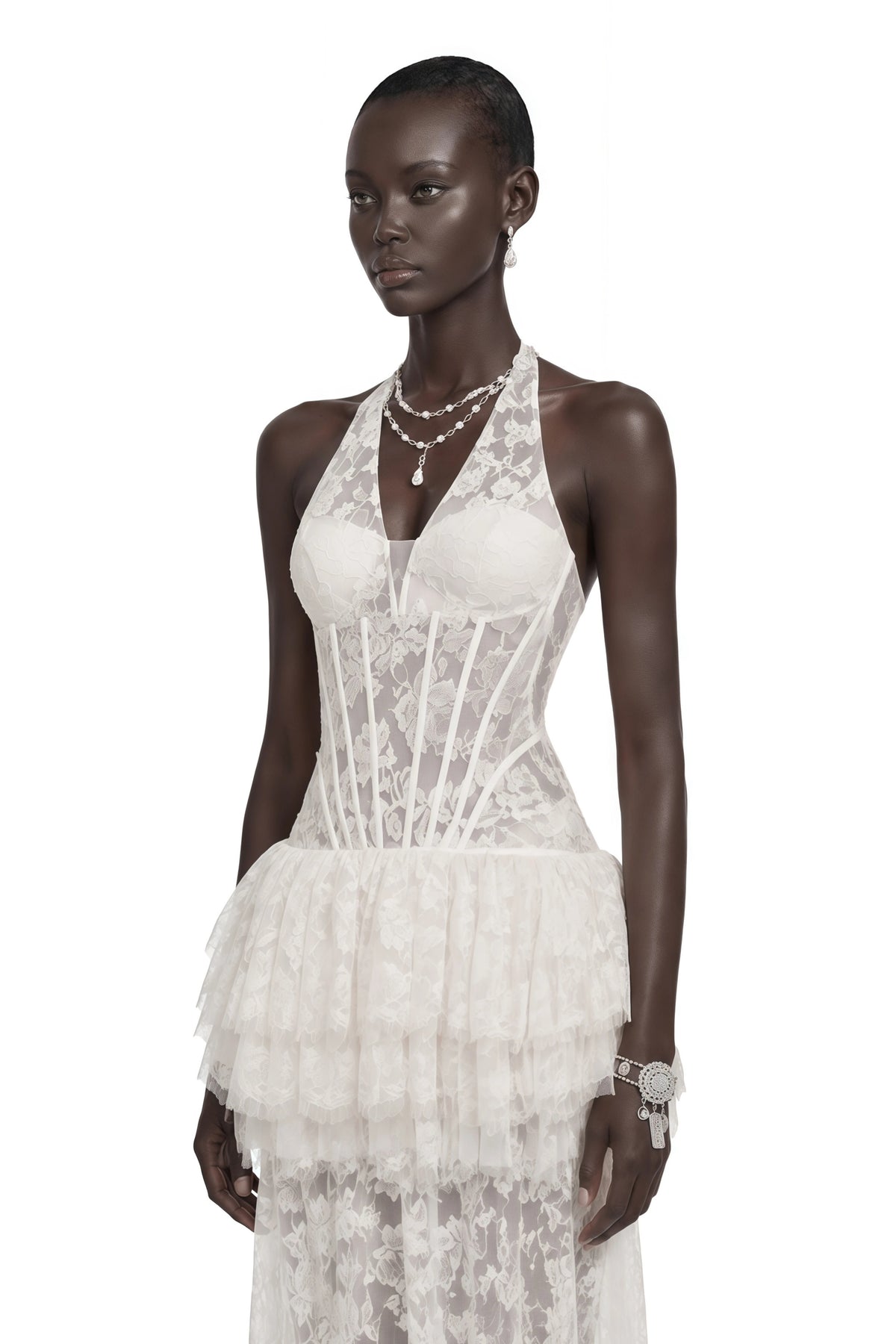Alexa Maxi Dress White Floral Appliqué Tiered