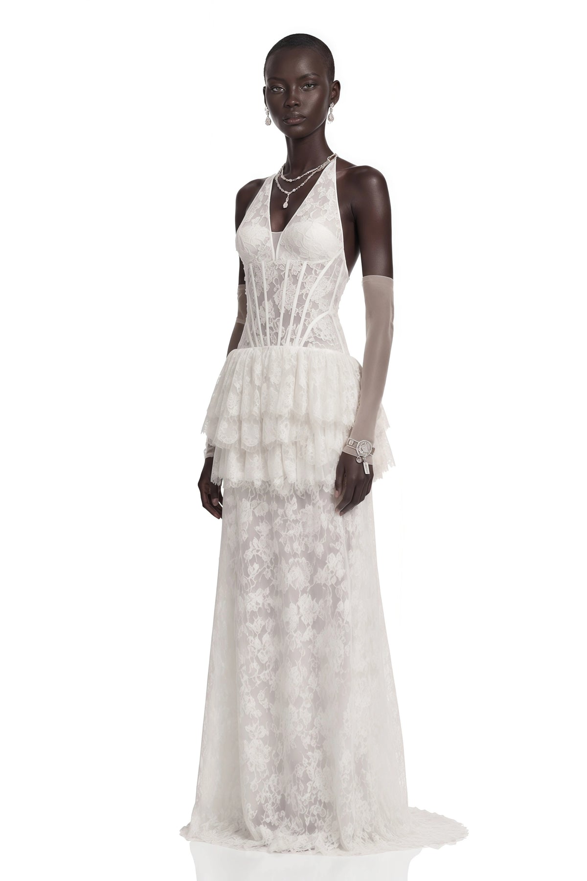 Alexa Maxi Dress White Floral Appliqué Tiered