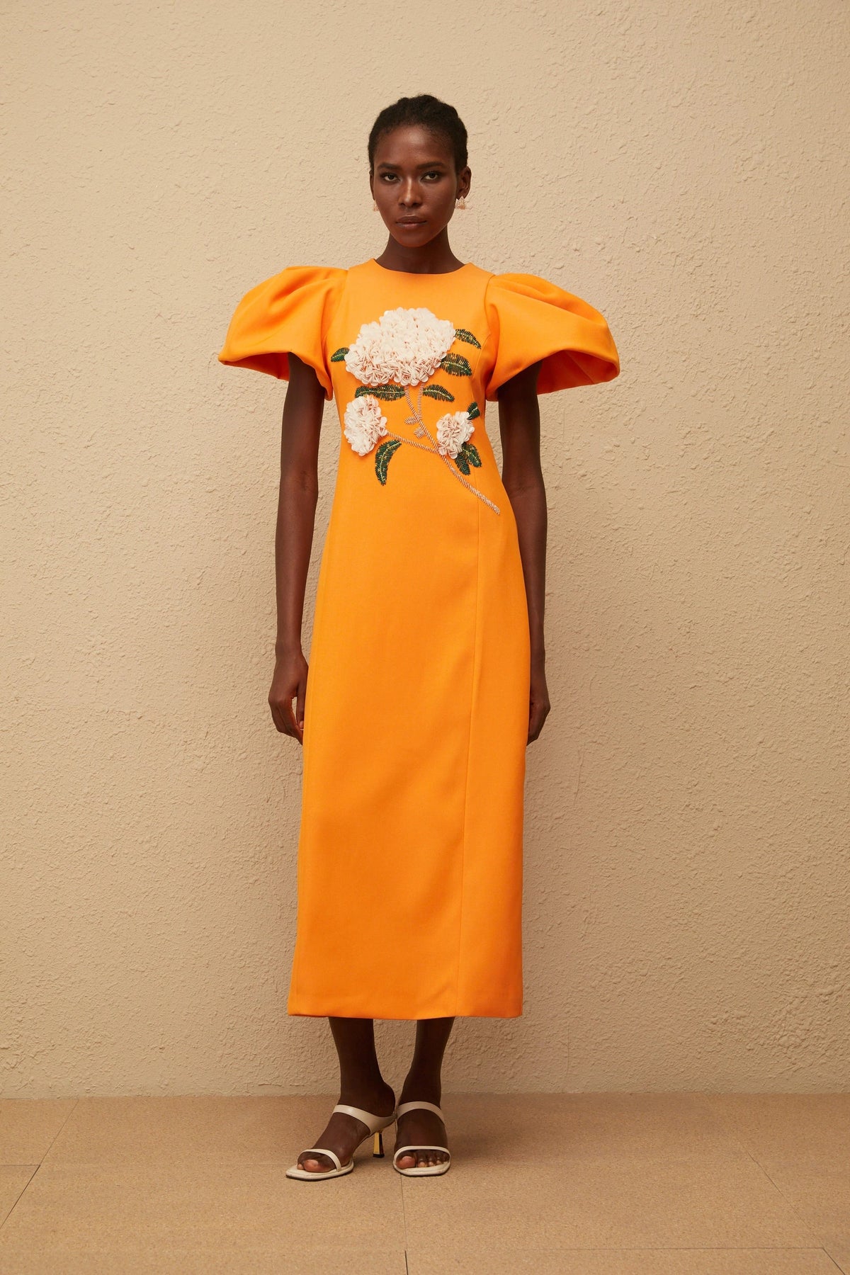 Sara Midi Dress Orange Floral Embroidered