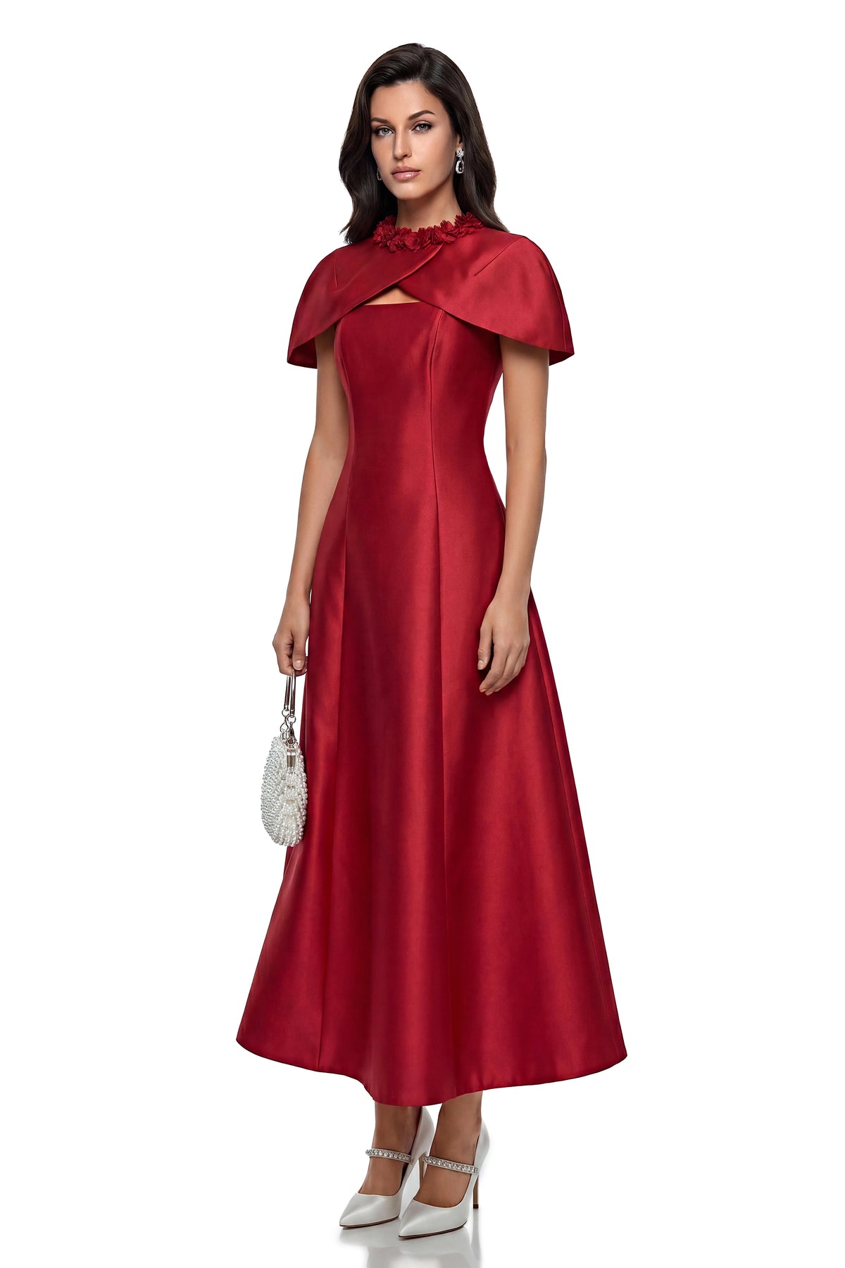 London Midi Dress Red Cape with 3D Petals