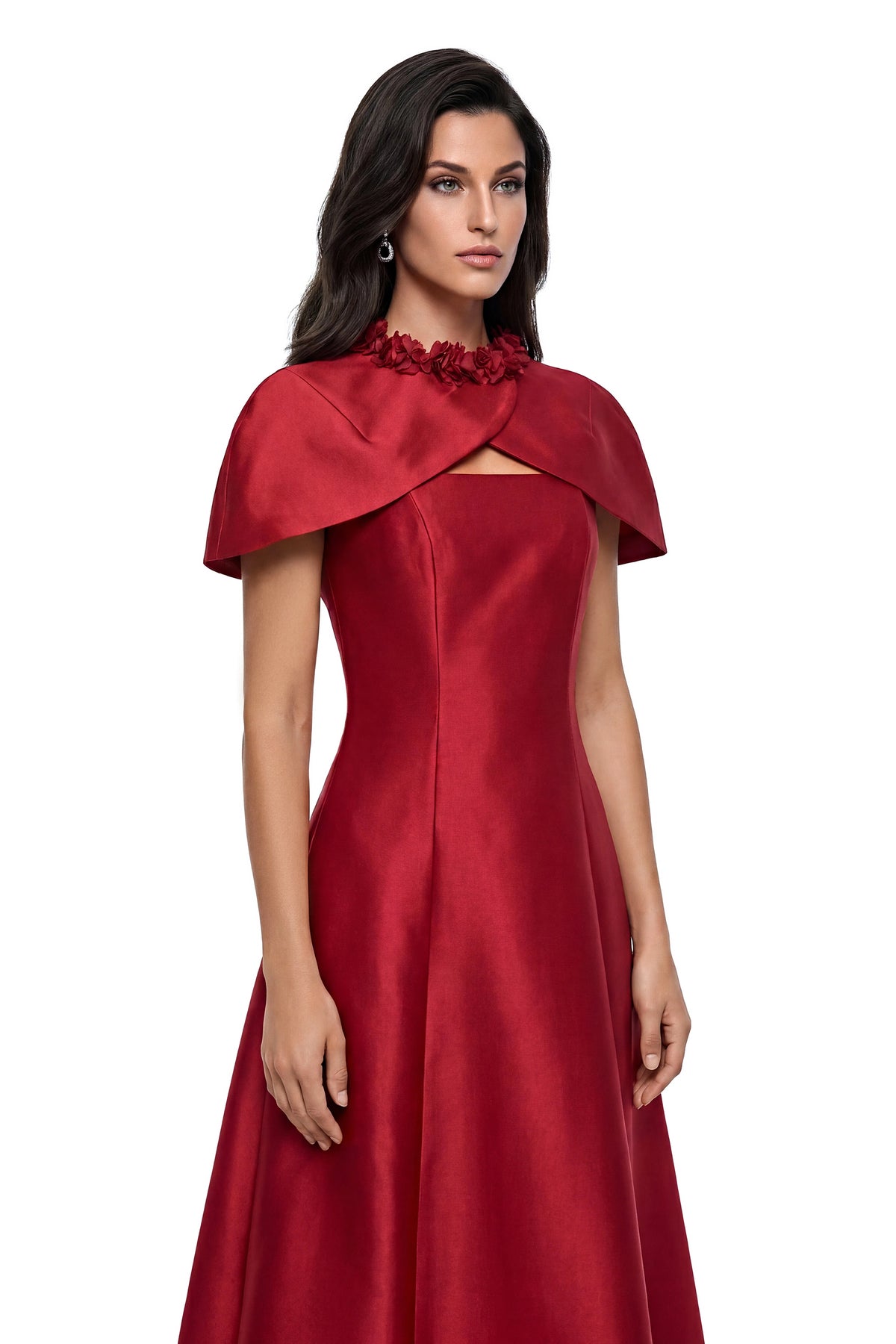 London Midi Dress Red Cape with 3D Petals