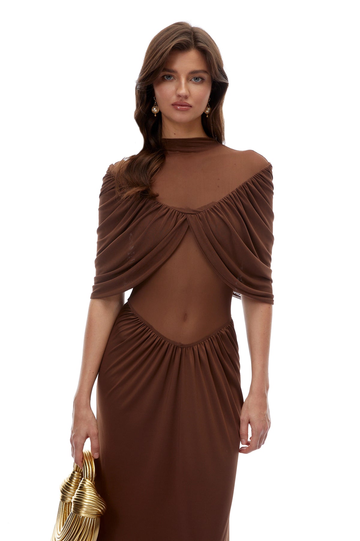 Benedetta Maxi Dress Chocolate Brown Ruched with Cape Sleeves