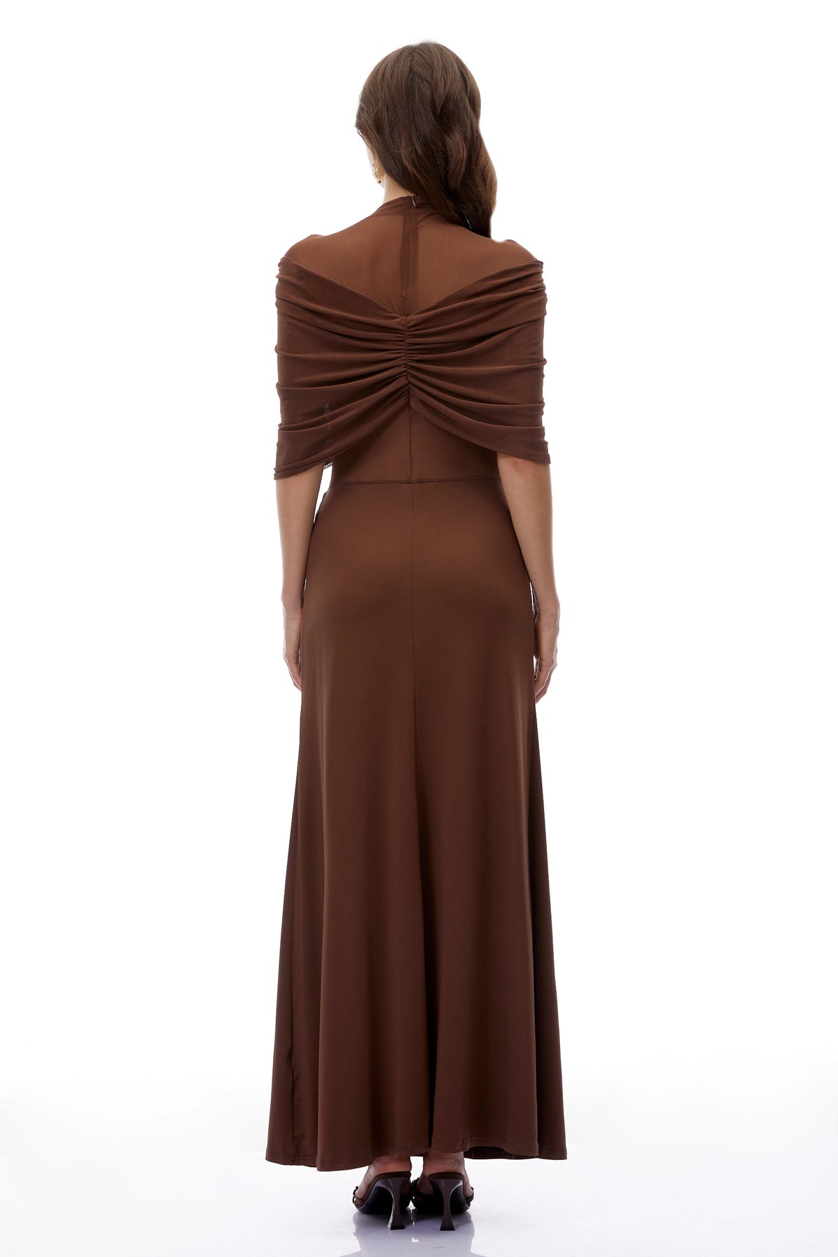 Benedetta Maxi Dress Chocolate Brown Ruched with Cape Sleeves