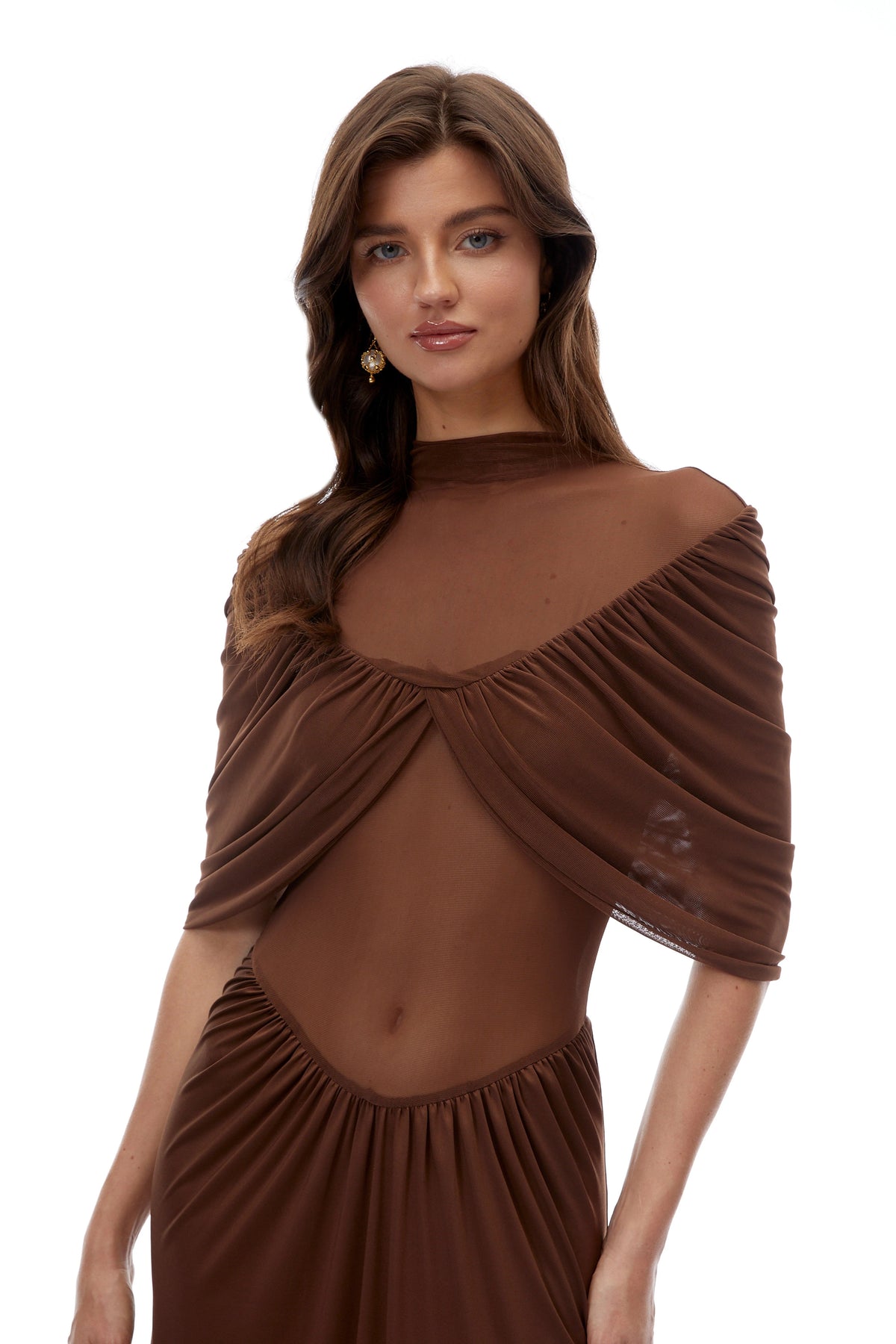 Benedetta Maxi Dress Chocolate Brown Ruched with Cape Sleeves