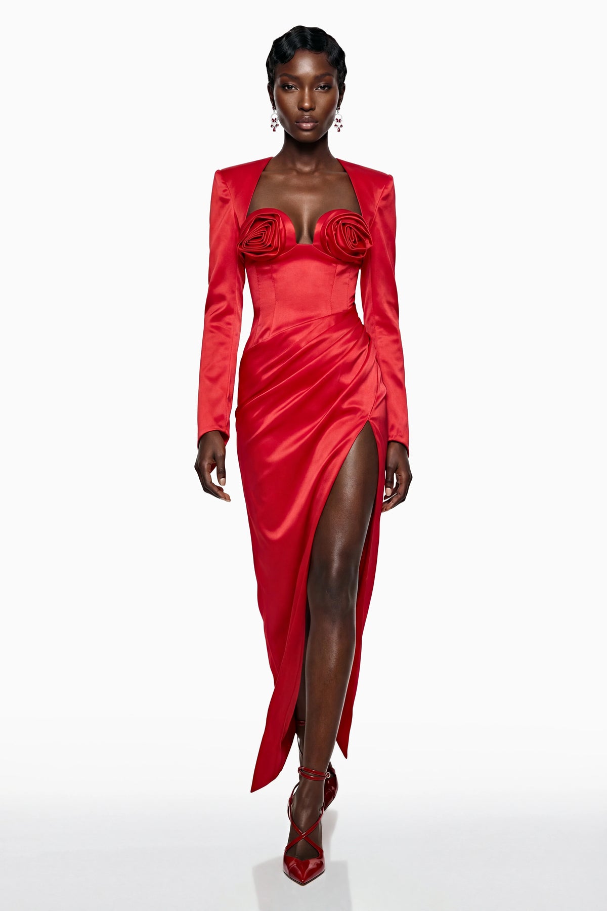 Primula Maxi Dress Red Ruched with 3D Petals
