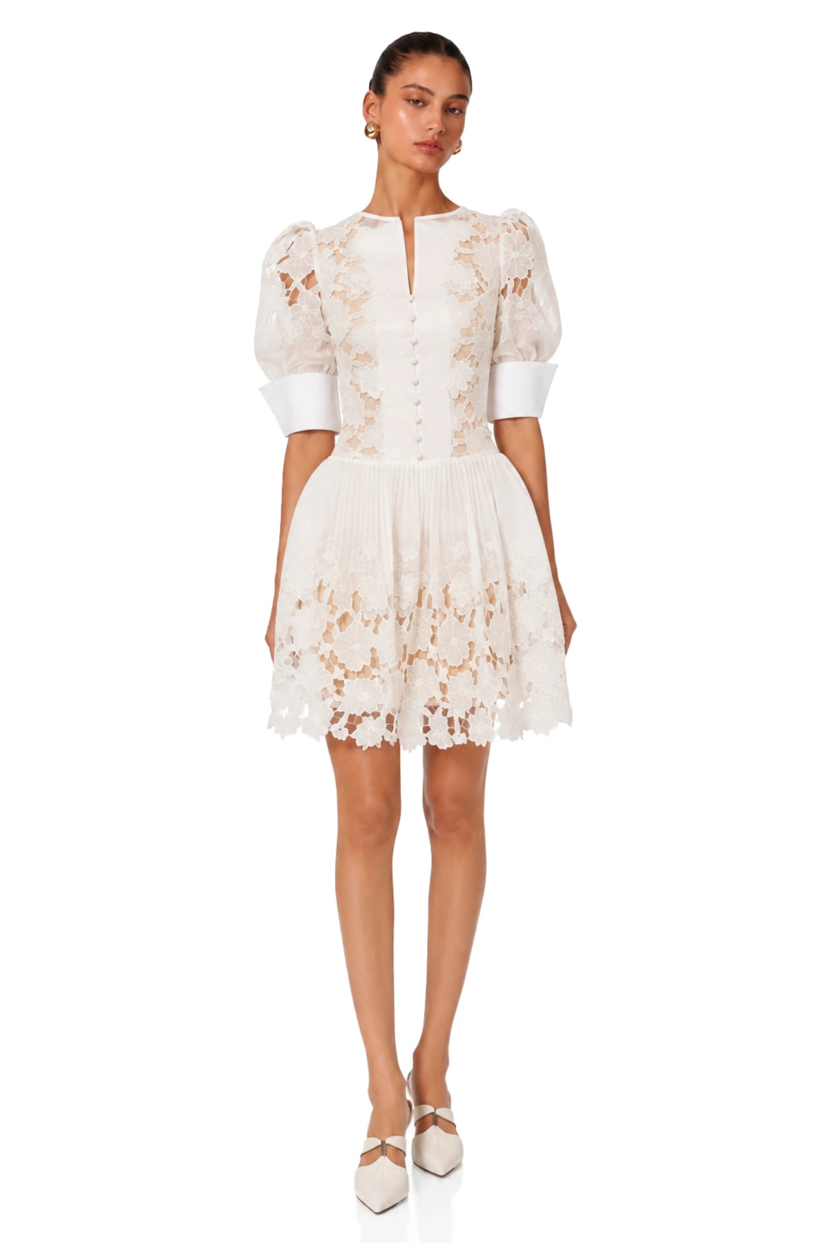 Shayla Mini Dress White Floral Appliqué with Cut-Outs